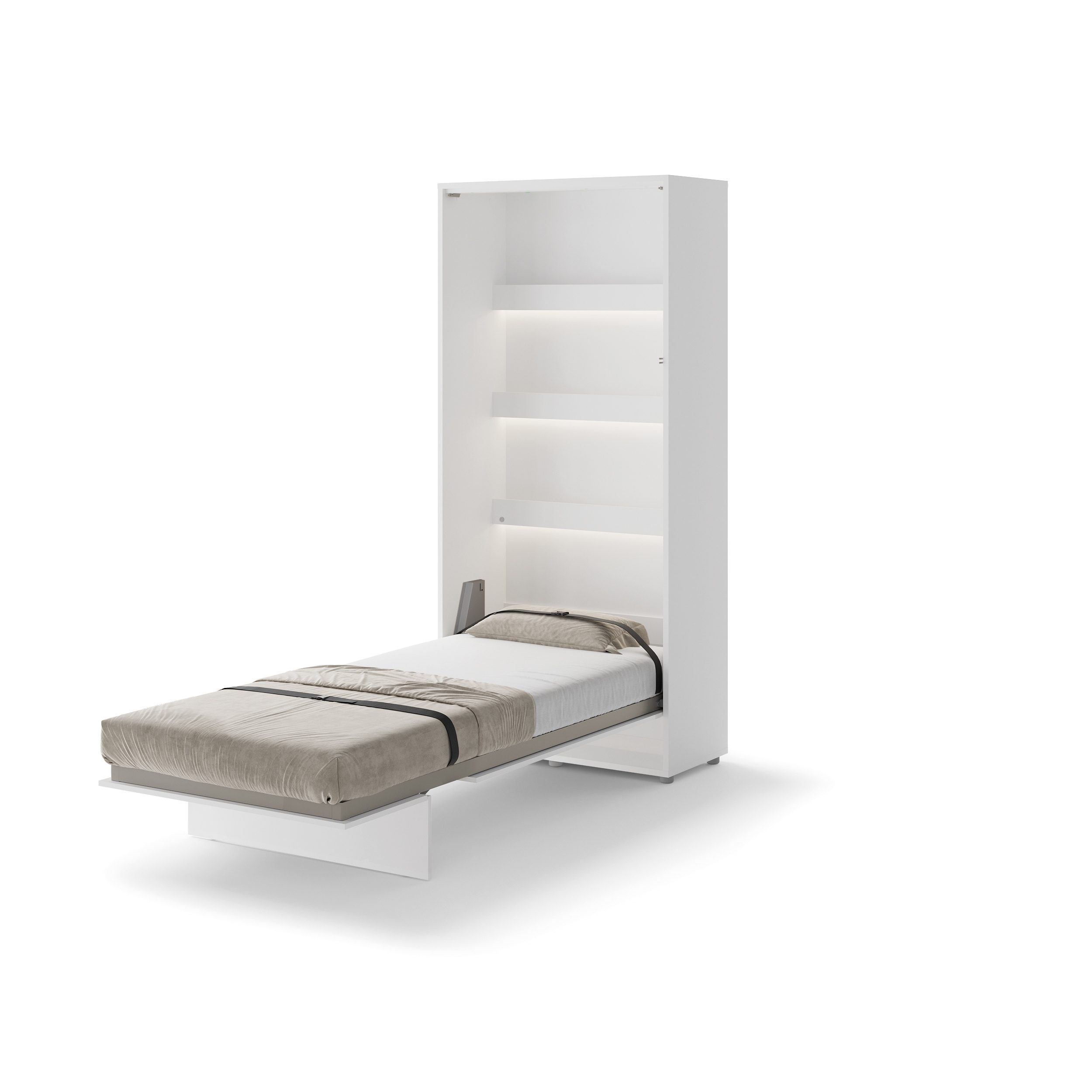Uitgeklapt verticaal opklapbed 90x200 wit met stalen frame en lattenbodem