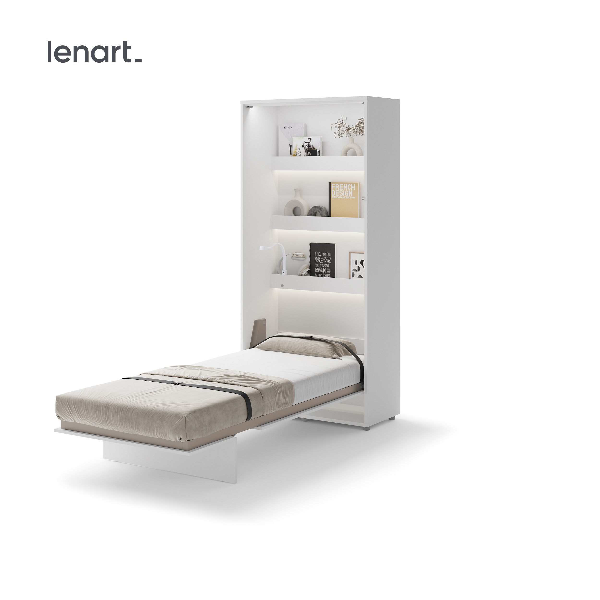Zijaanzicht van de witte bedkast ombouw 90x200 in mat wit