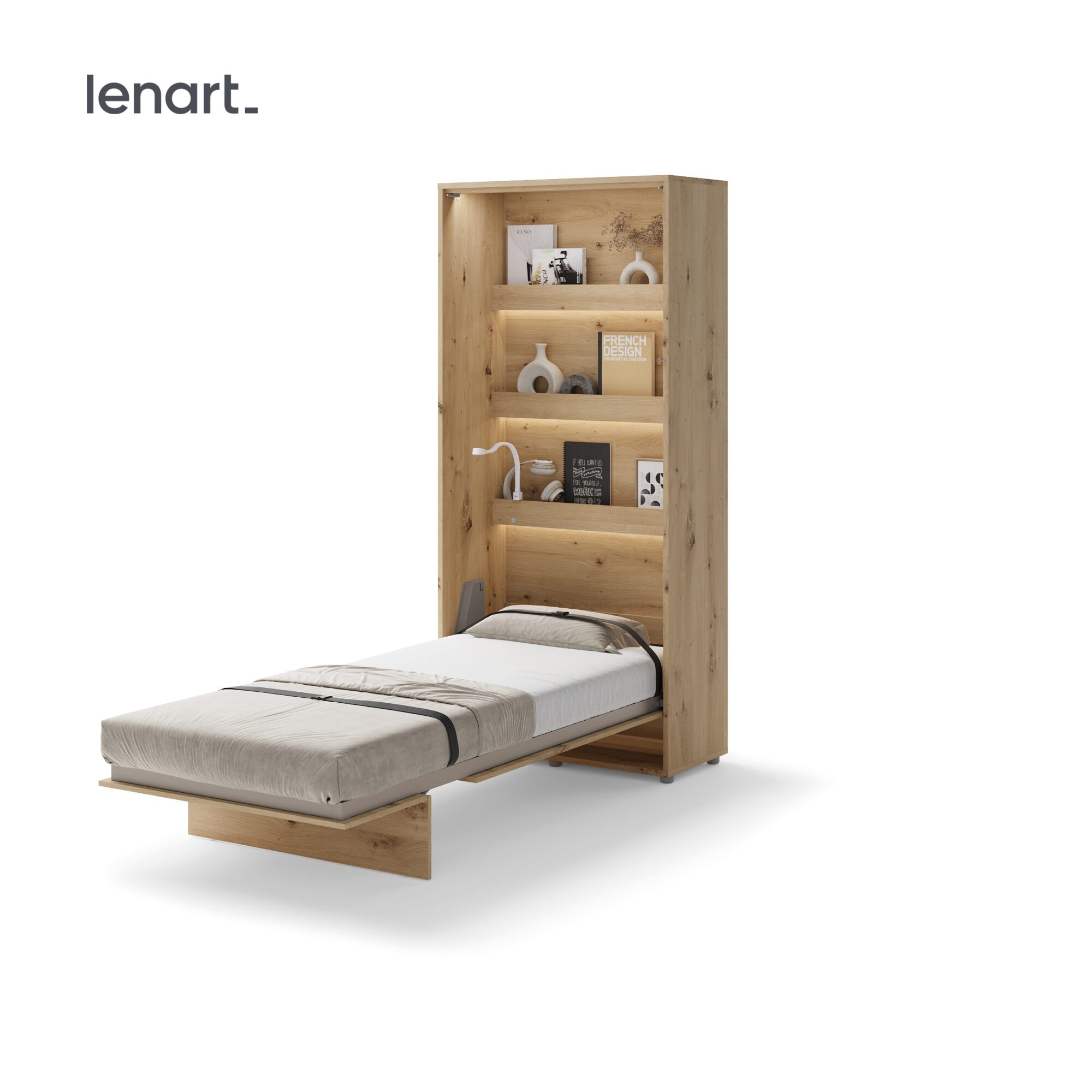 Uitgeklapt verticaal opklapbed 90x200 eiken met stalen frame en lattenbodem