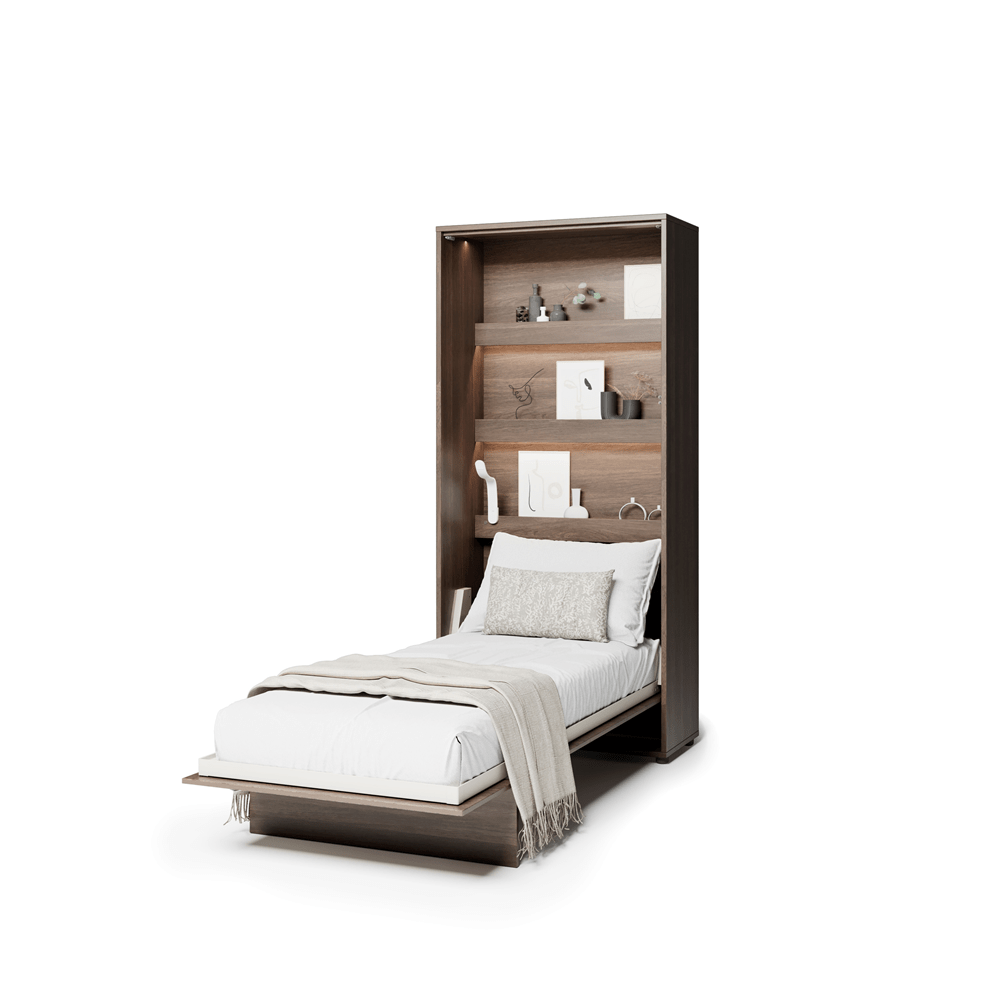 Uitgeklapt verticaal opklapbed 90x200 kastanjebruin met stalen frame en lattenbodem