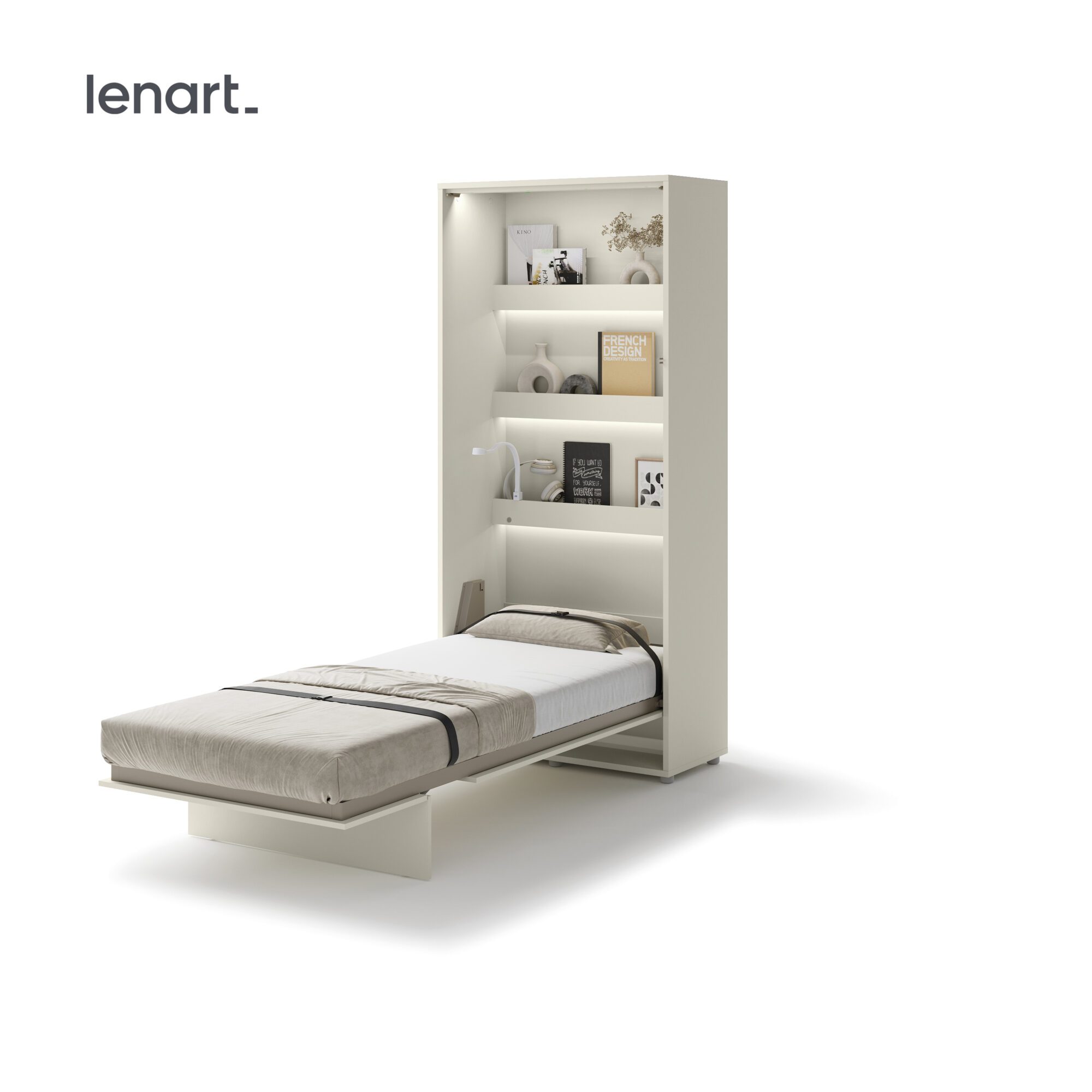 Uitgeklapt verticaal opklapbed 90x200 cashmere met stalen frame en lattenbodem
