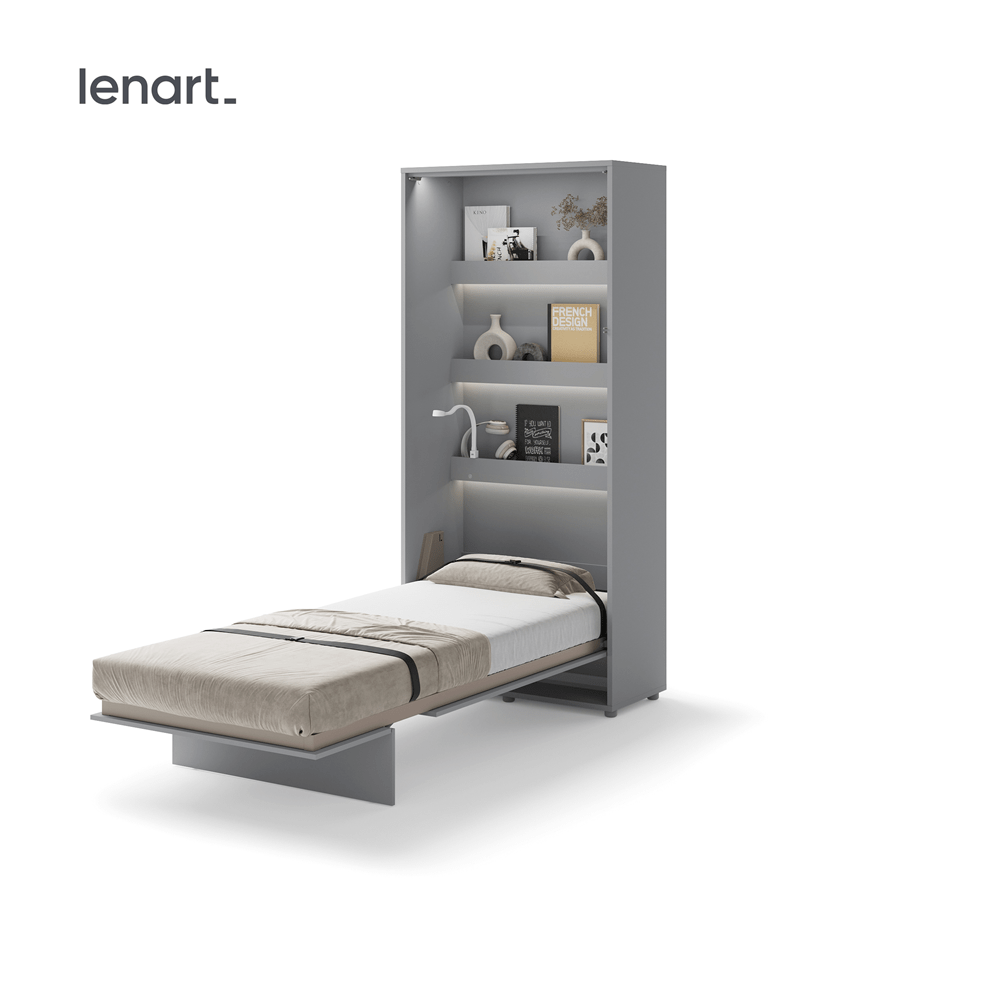 Uitgeklapt verticaal opklapbed 90x200 grijs met stalen frame en lattenbodem