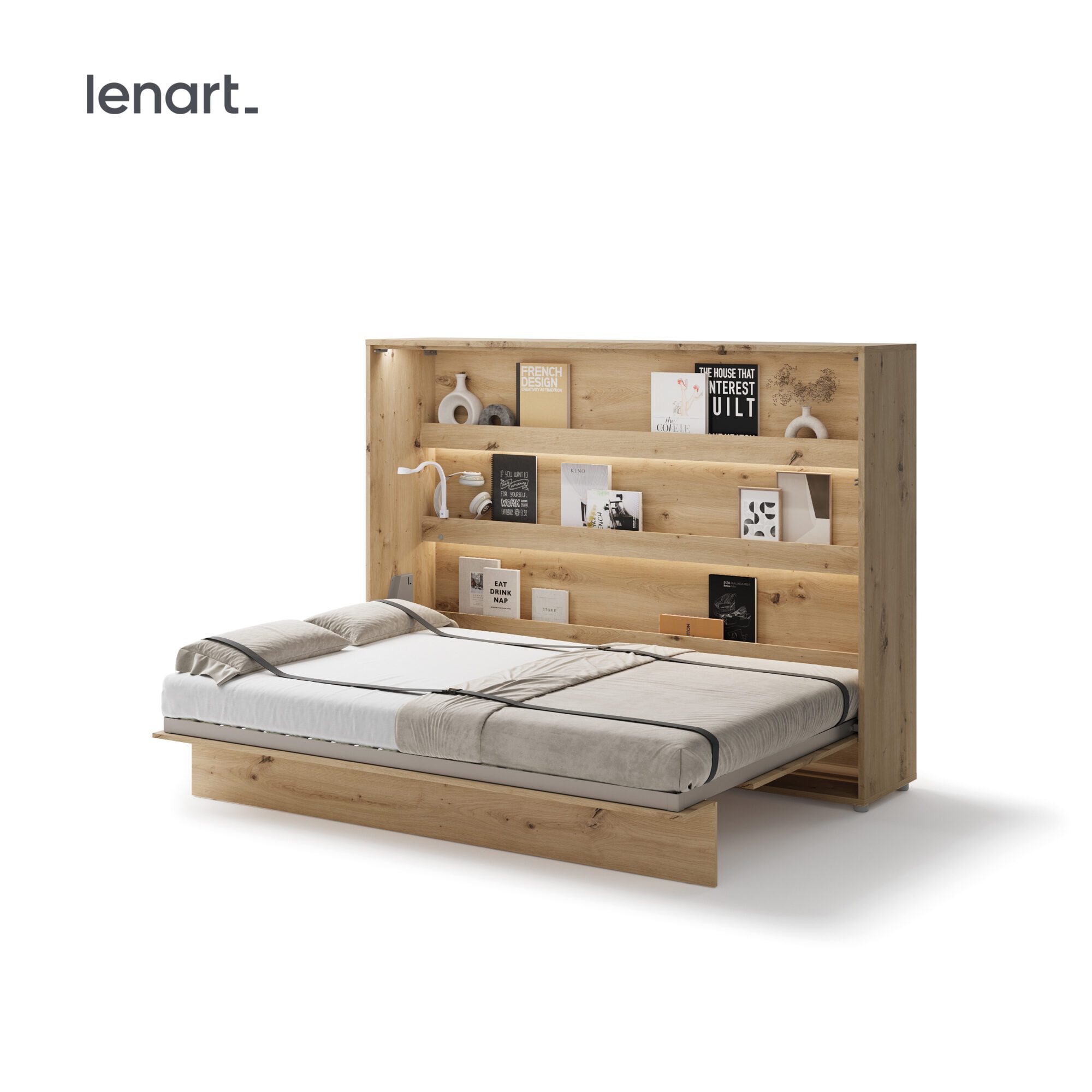 Uitgeklapt horizontaal opklapbed 140x200 eikenkleur met houten lattenbodem
