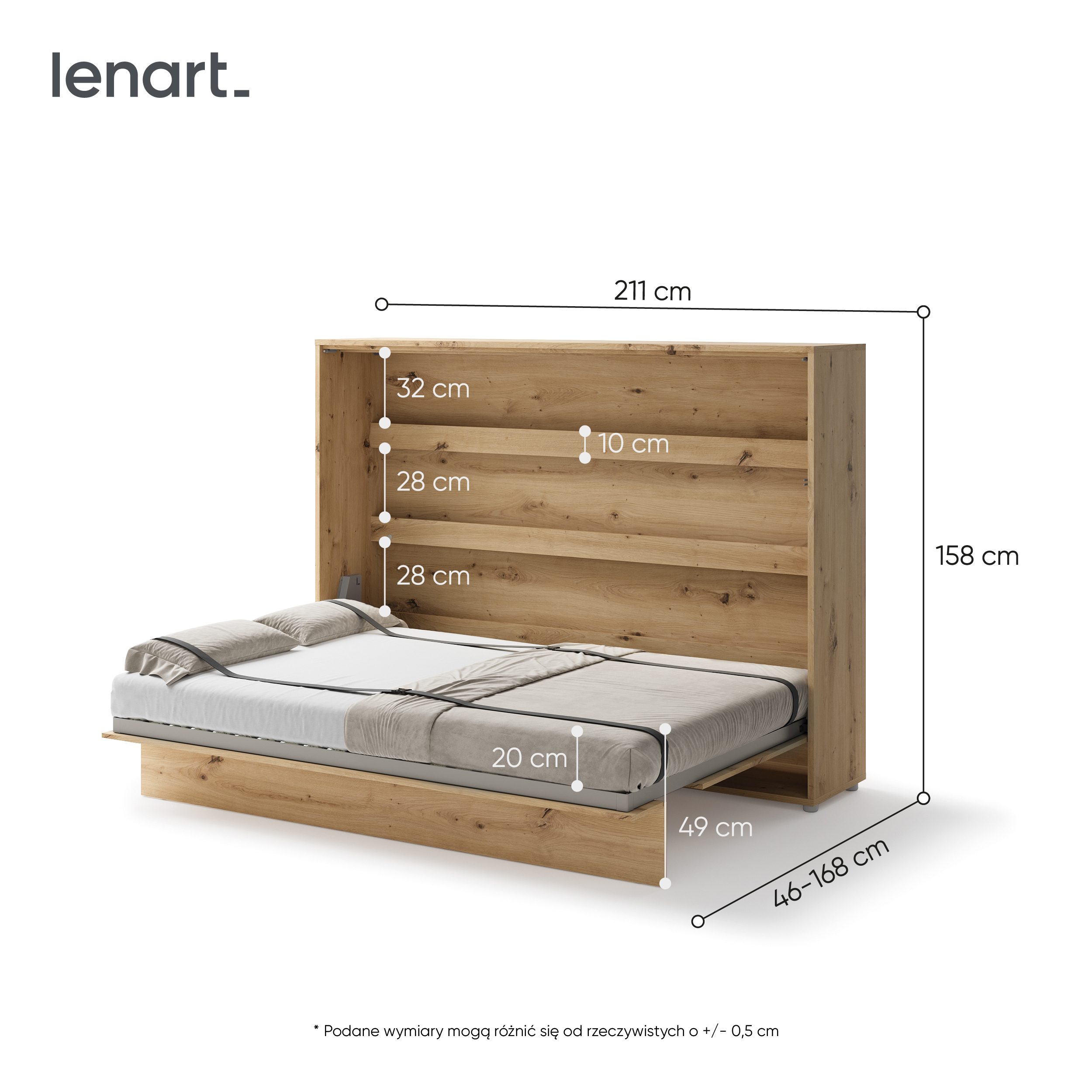 Lenart Bed Concept Horizontaal Opklapbed 140x200 - Eikenkleur - Afbeelding 6
