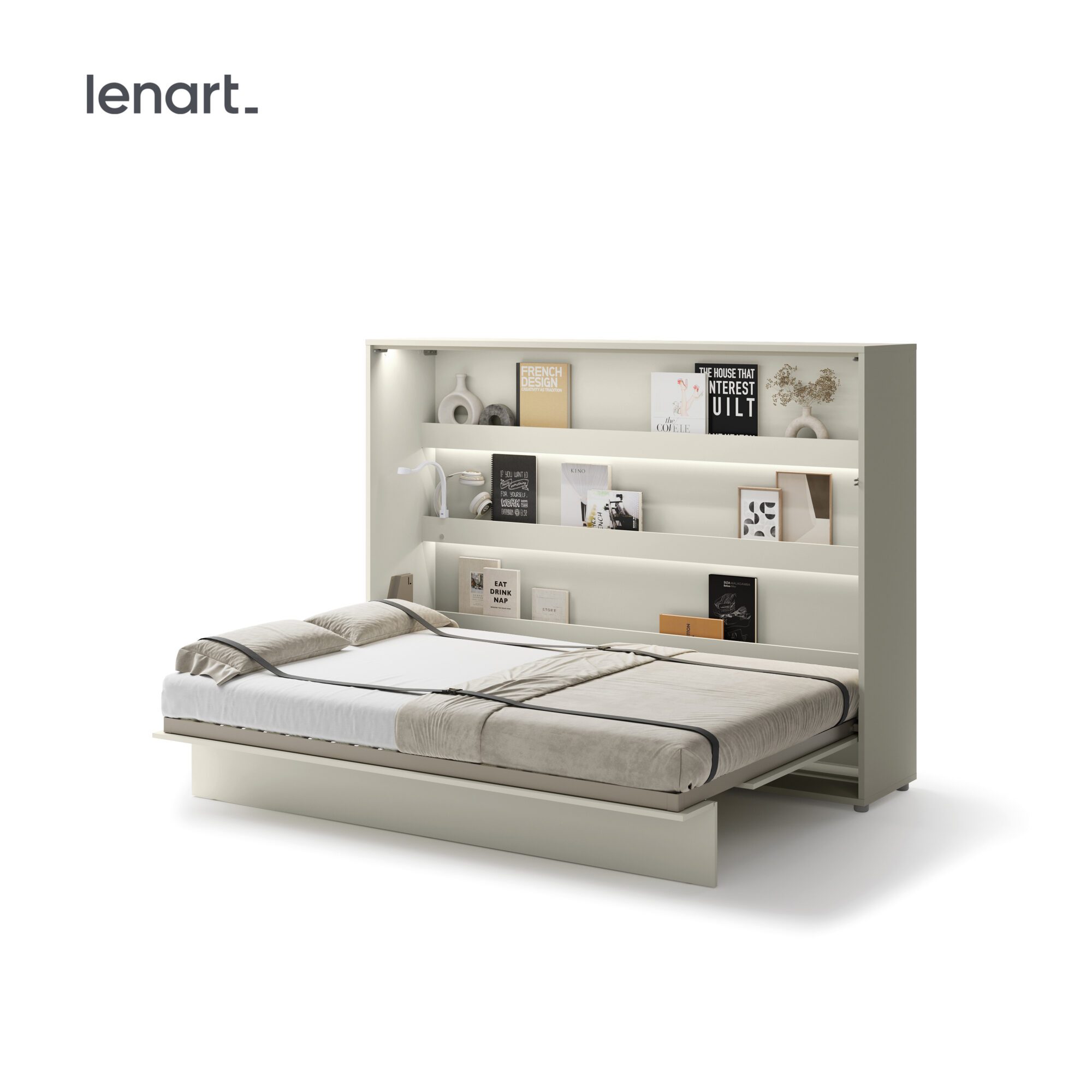 Uitgeklapt horizontaal opklapbed 140x200 cashmere met lattenbodem