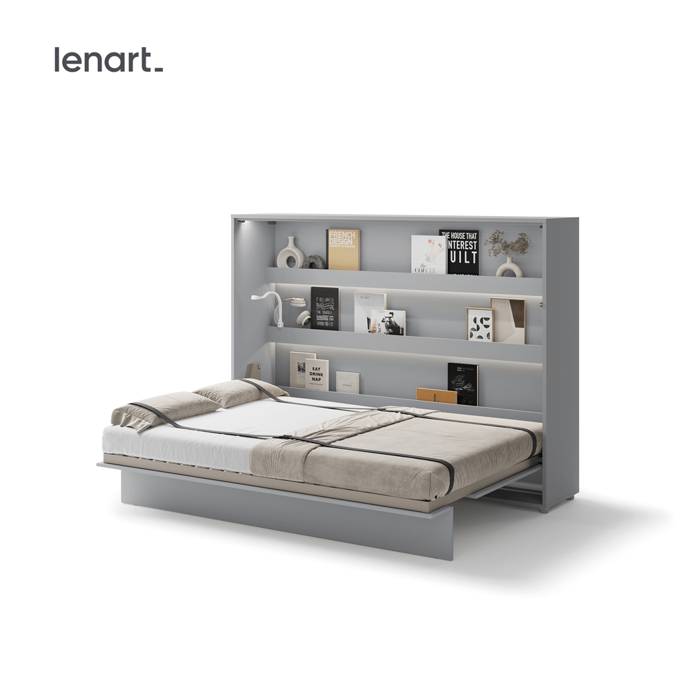 Uitgeklapt horizontaal opklapbed 140x200 grijs in een slaapkamer