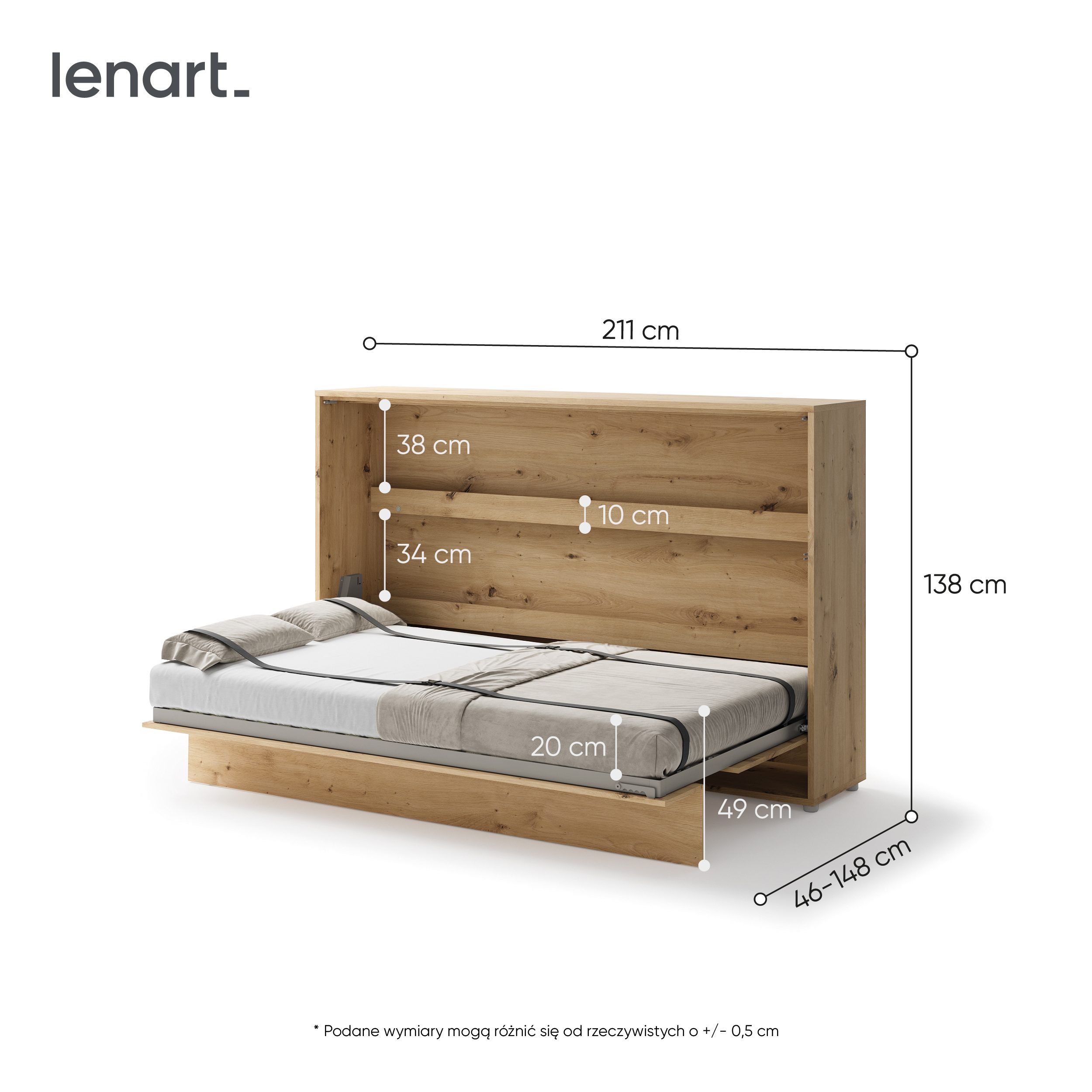 Lenart Bed Concept Horizontaal Opklapbed 120x200 - Eikenkleur - Afbeelding 3