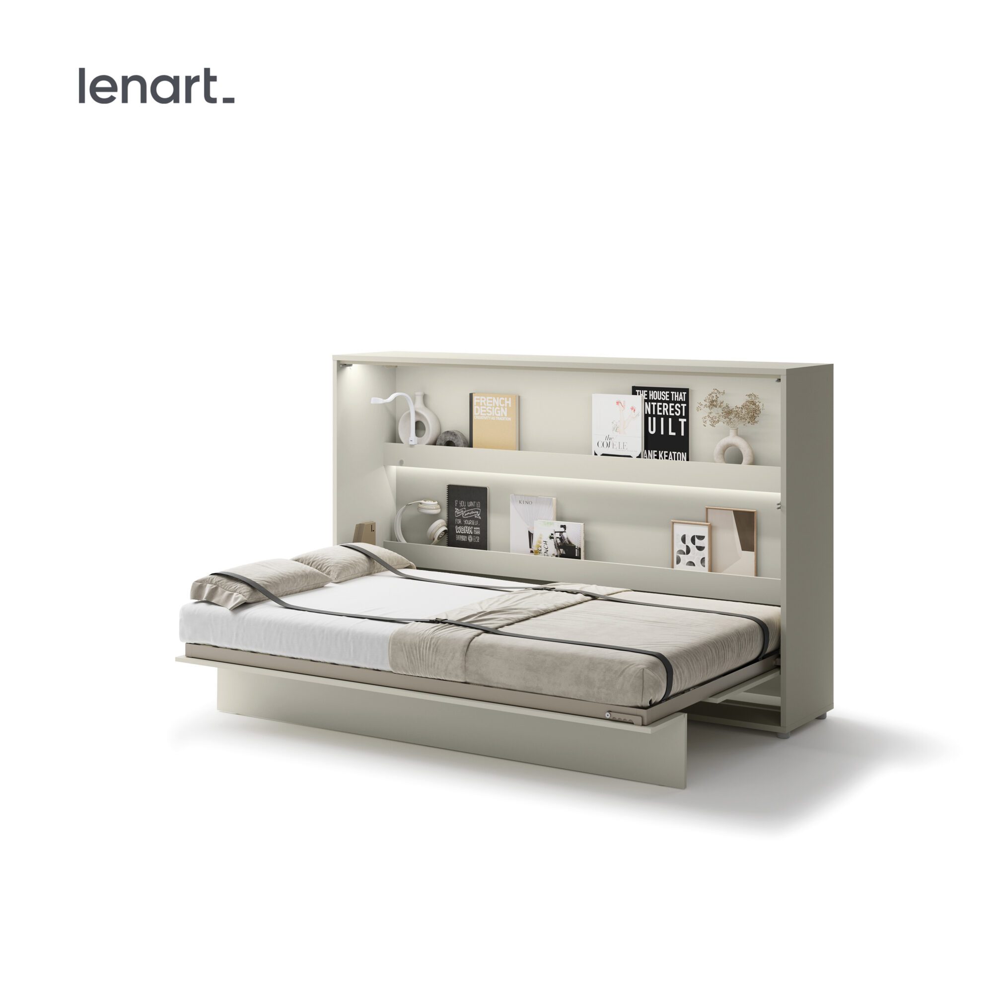Uitgeklapt horizontaal opklapbed 120x200 cashmere met stalen frame en lattenbodem