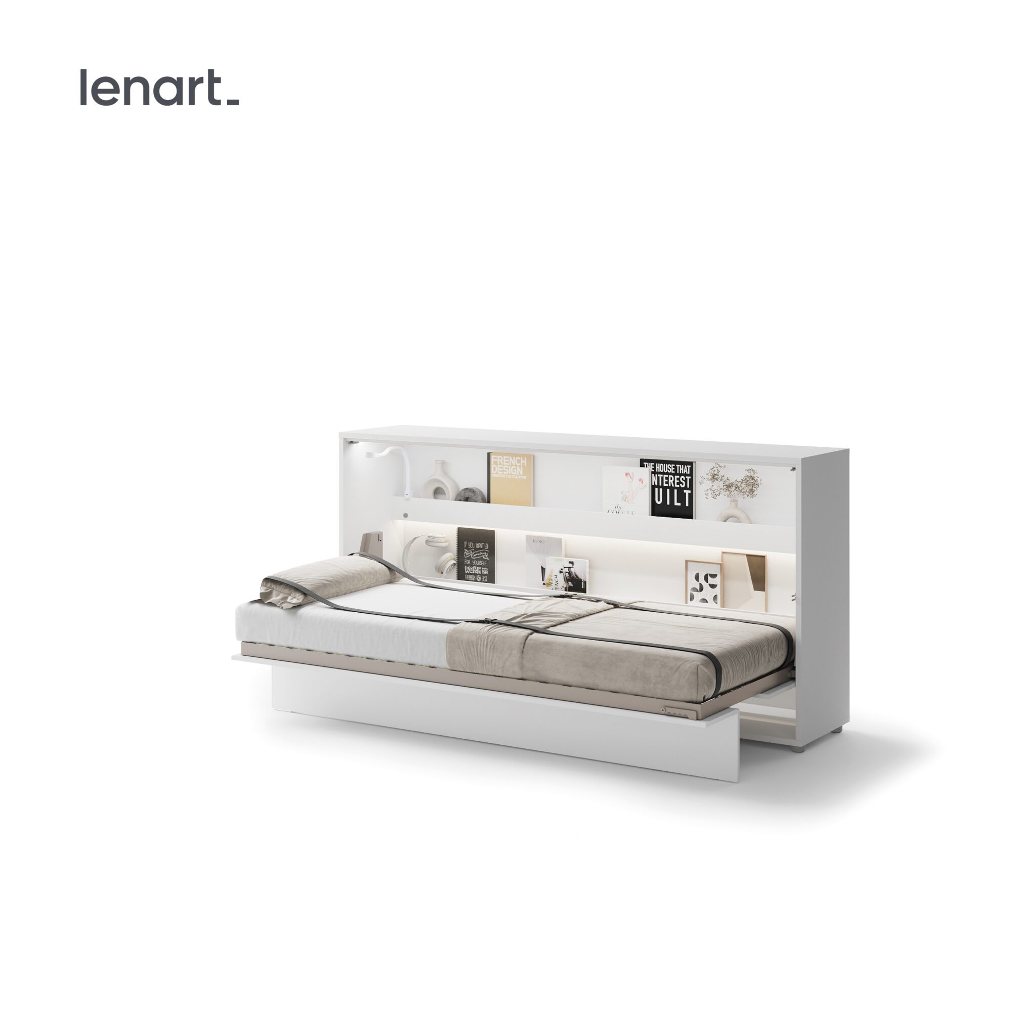 Uitgeklapt horizontaal opklapbed 90x200 wit met stalen frame en lattenbodem