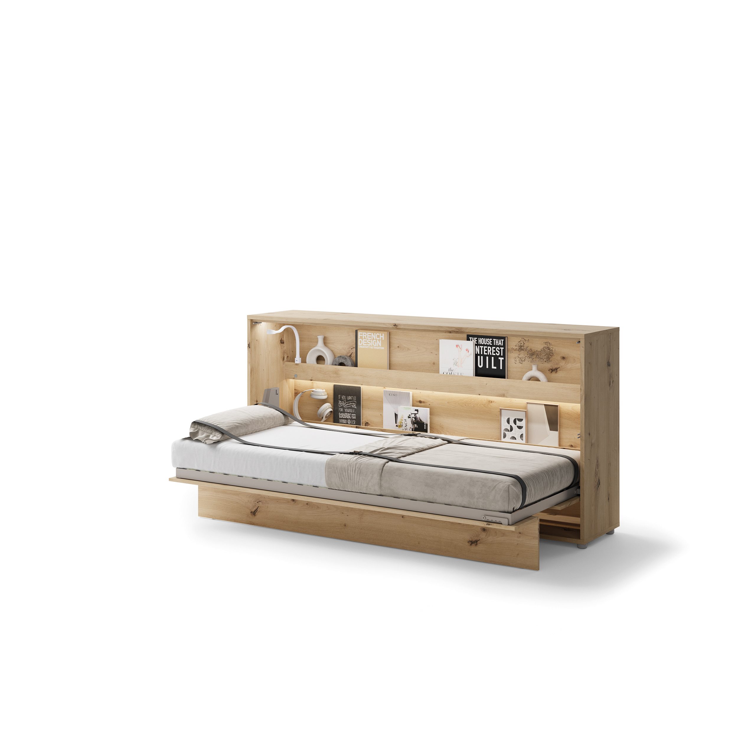 Zijaanzicht van de eikenkleurige horizontale bedkast ombouw 90x200