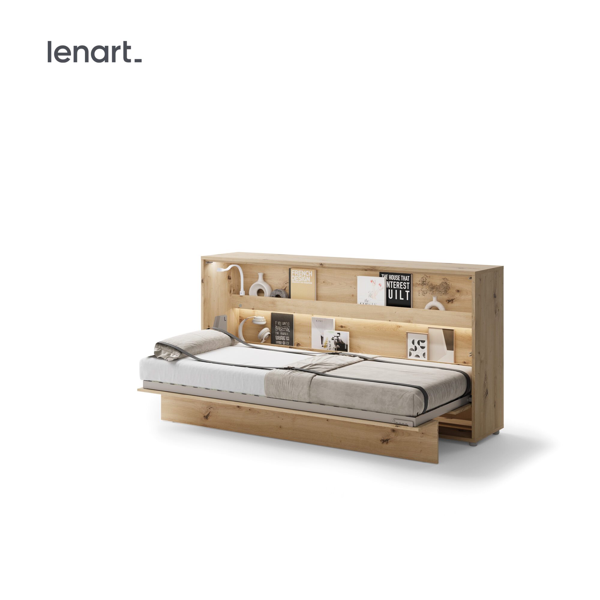 Uitgeklapt horizontaal opklapbed 90x200 eikenkleur met stalen frame en lattenbodem