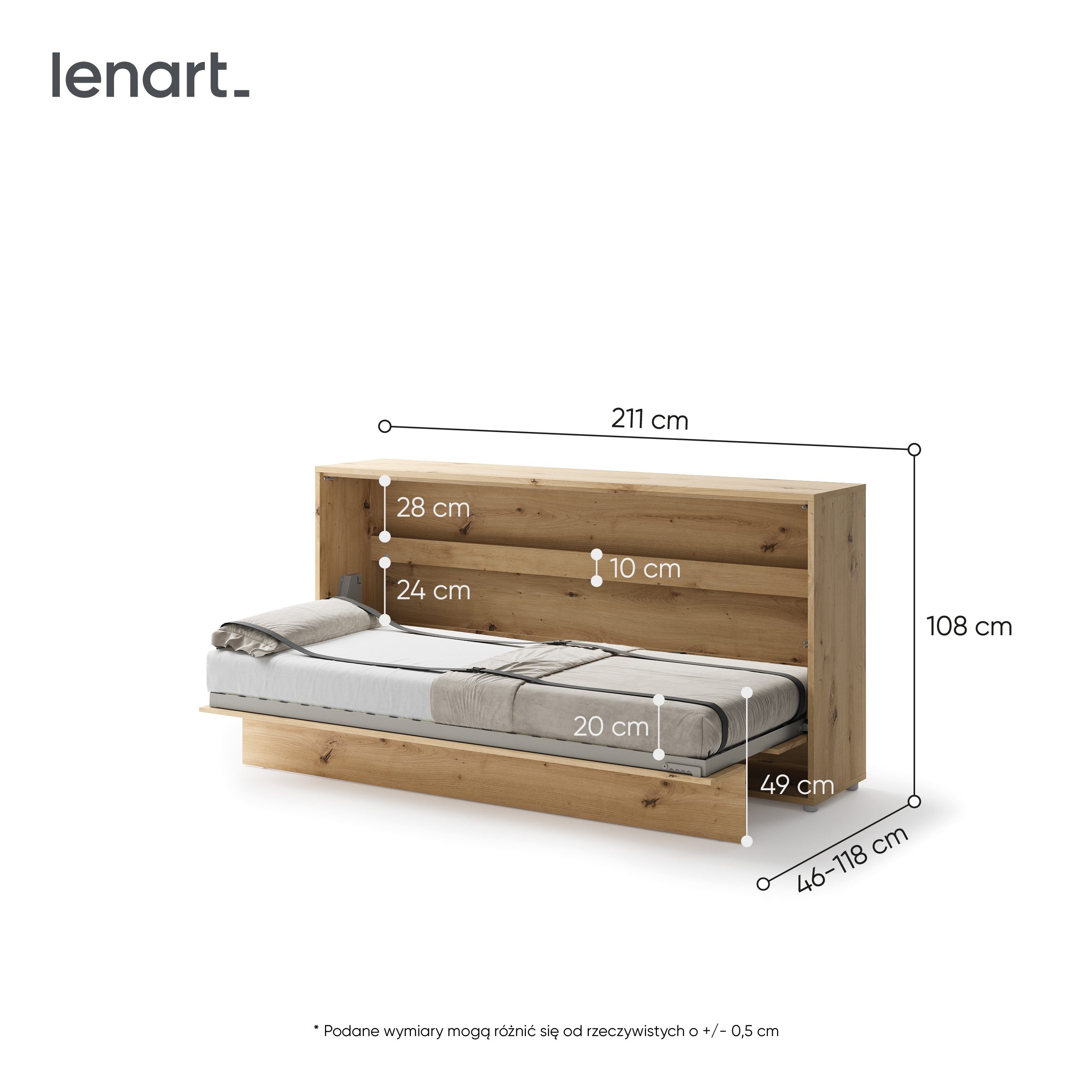 Lenart Bed Concept Horizontaal Opklapbed 90x200 - Eikenkleur - Afbeelding 3
