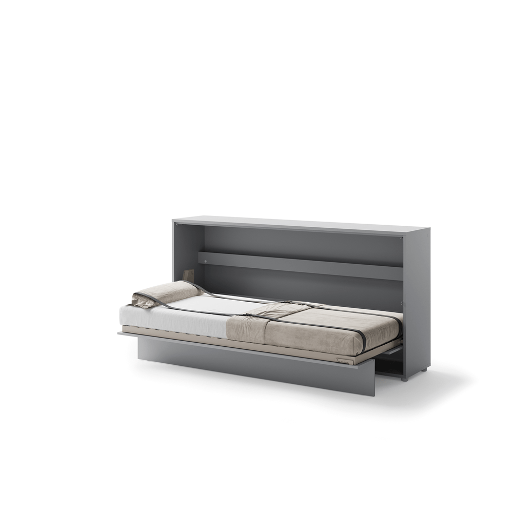 Zijaanzicht van de grijze horizontale bedkast ombouw 90x200