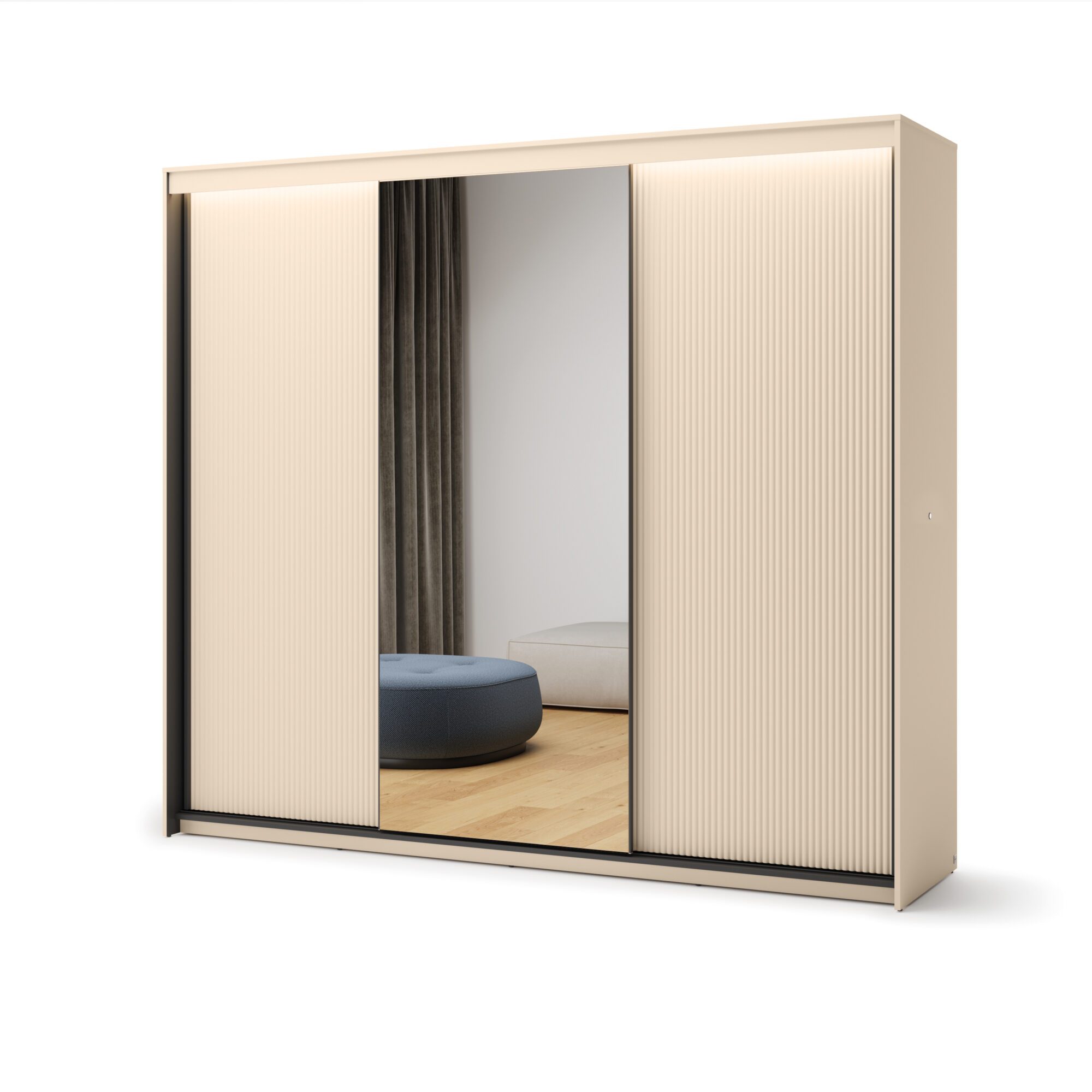 Lenart Schuifdeurkast TREND BEDROOM Met Verlichting & Spiegel – Zandbeige / Zwart 250 cm vooraanzicht