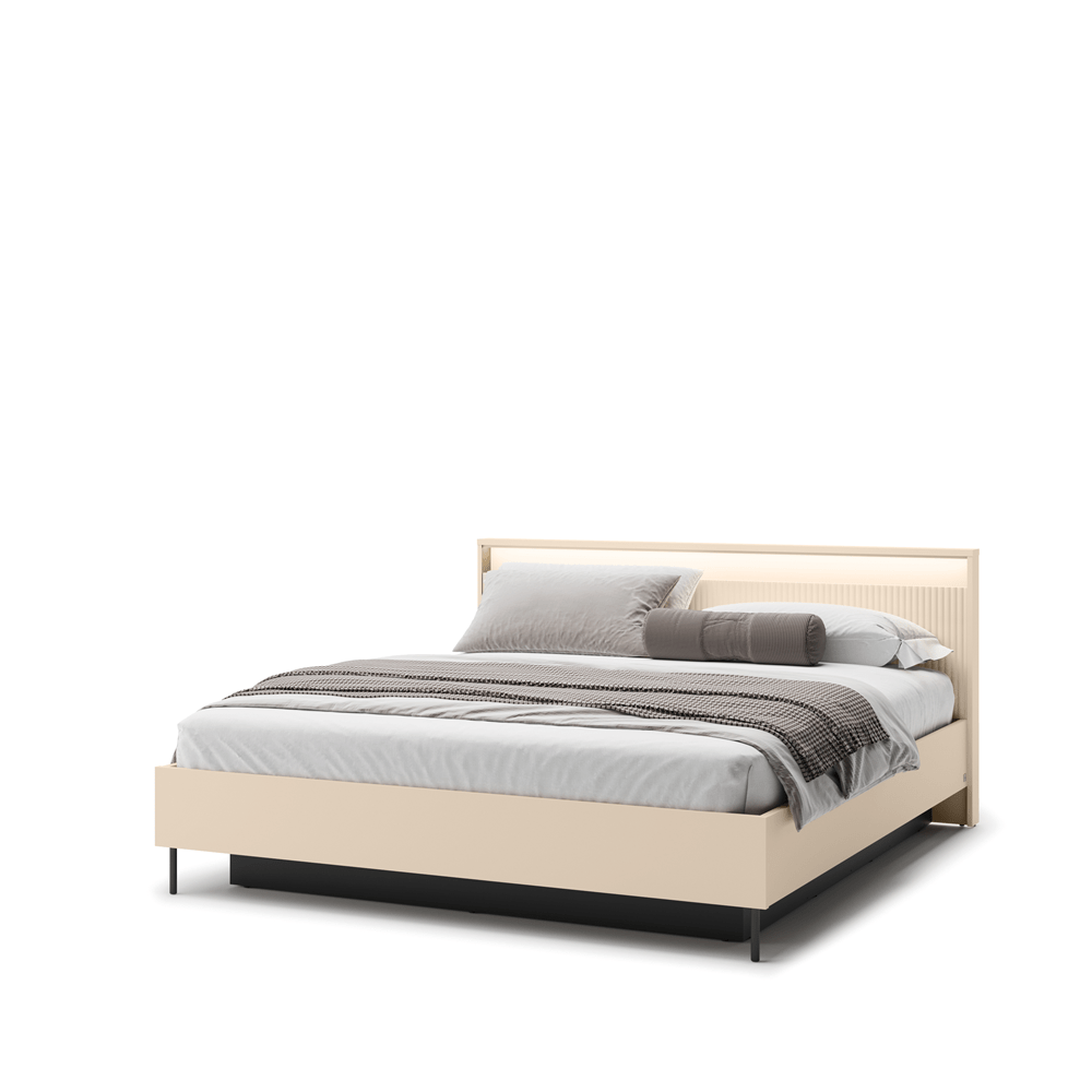 Detail gegroefd hoofdbord met LED verlichting Lenart opbergbed