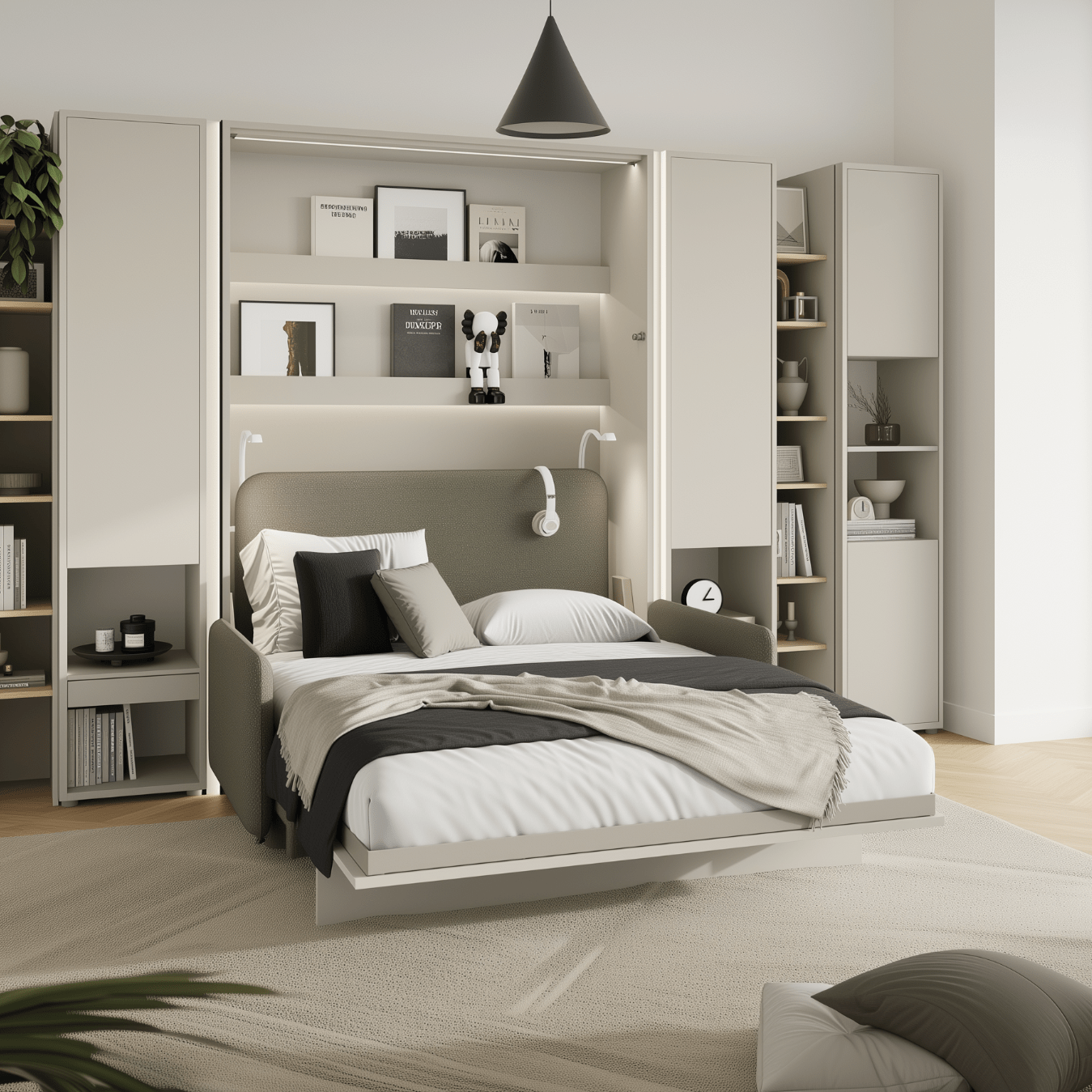 Geïntegreerde legplanken op de achterwand van de cashmere bedkast 140x200