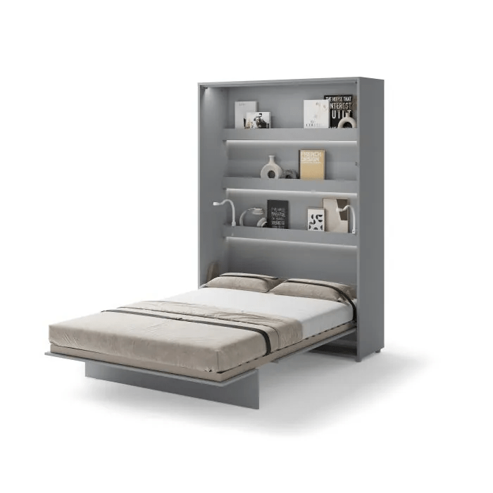 Uitgeklapt verticaal opklapbed 140x200 grijs met stalen frame en lattenbodem