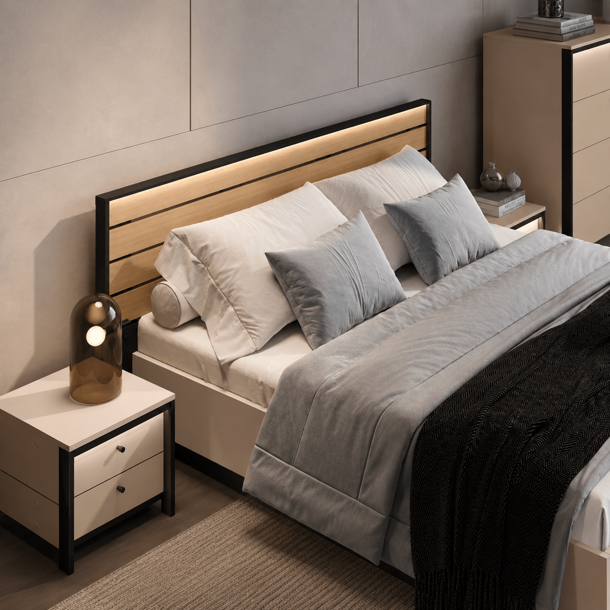 Lenart Enna Complete Slaapkamer Set – Beige / Zwart / Vincenza Eiken - Afbeelding 2