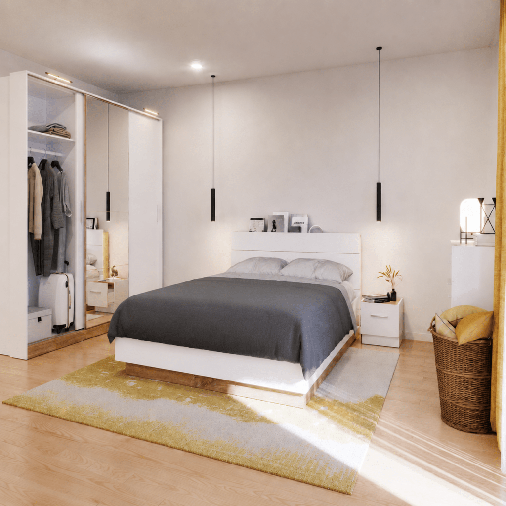 Lenart Dentro complete slaapkamer set in wit met Stirling eiken