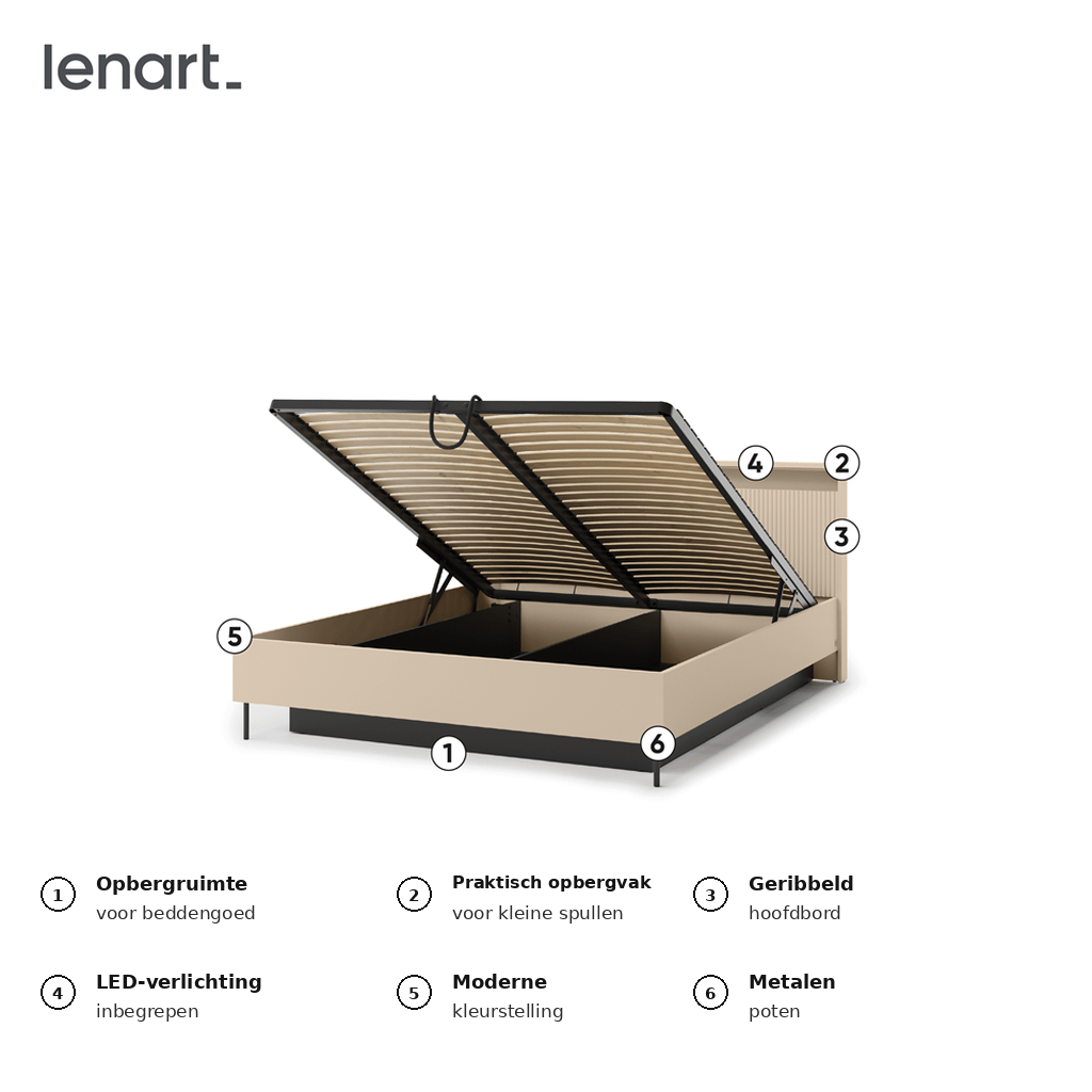 Geopend Lenart TREND opbergbed met ruime opbergbak en lattenbodem
