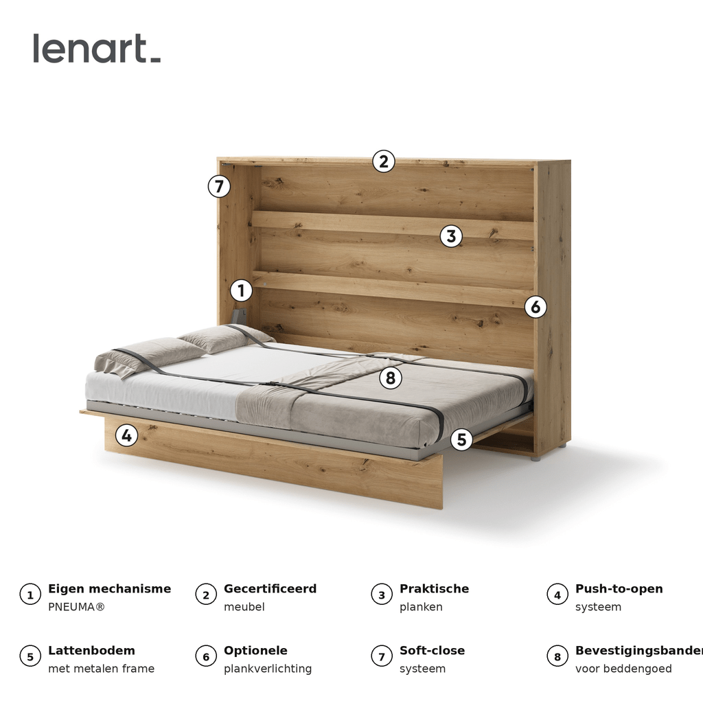 Lenart Bed Concept Horizontaal Opklapbed 140x200 - Eikenkleur - Afbeelding 4