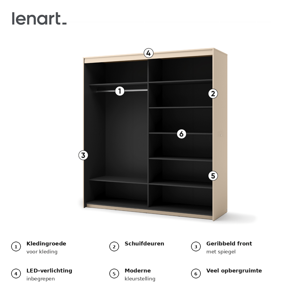 Lenart TREND BEDROOM Complete Slaapkamer set Met Verlichting – Zandbeige / Zwart - Afbeelding 12