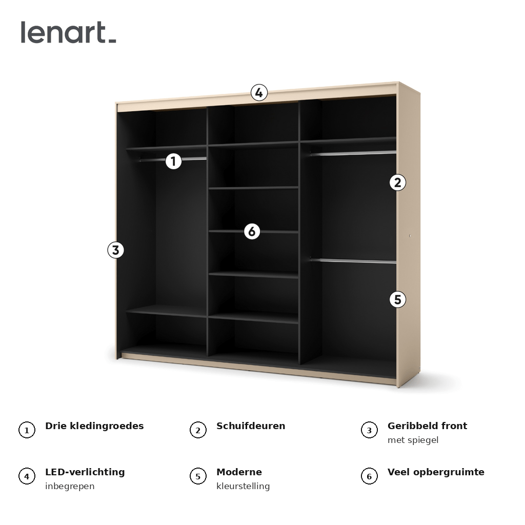 Geopende Lenart TREND BEDROOM schuifdeurkast 250 cm met binnenindeling