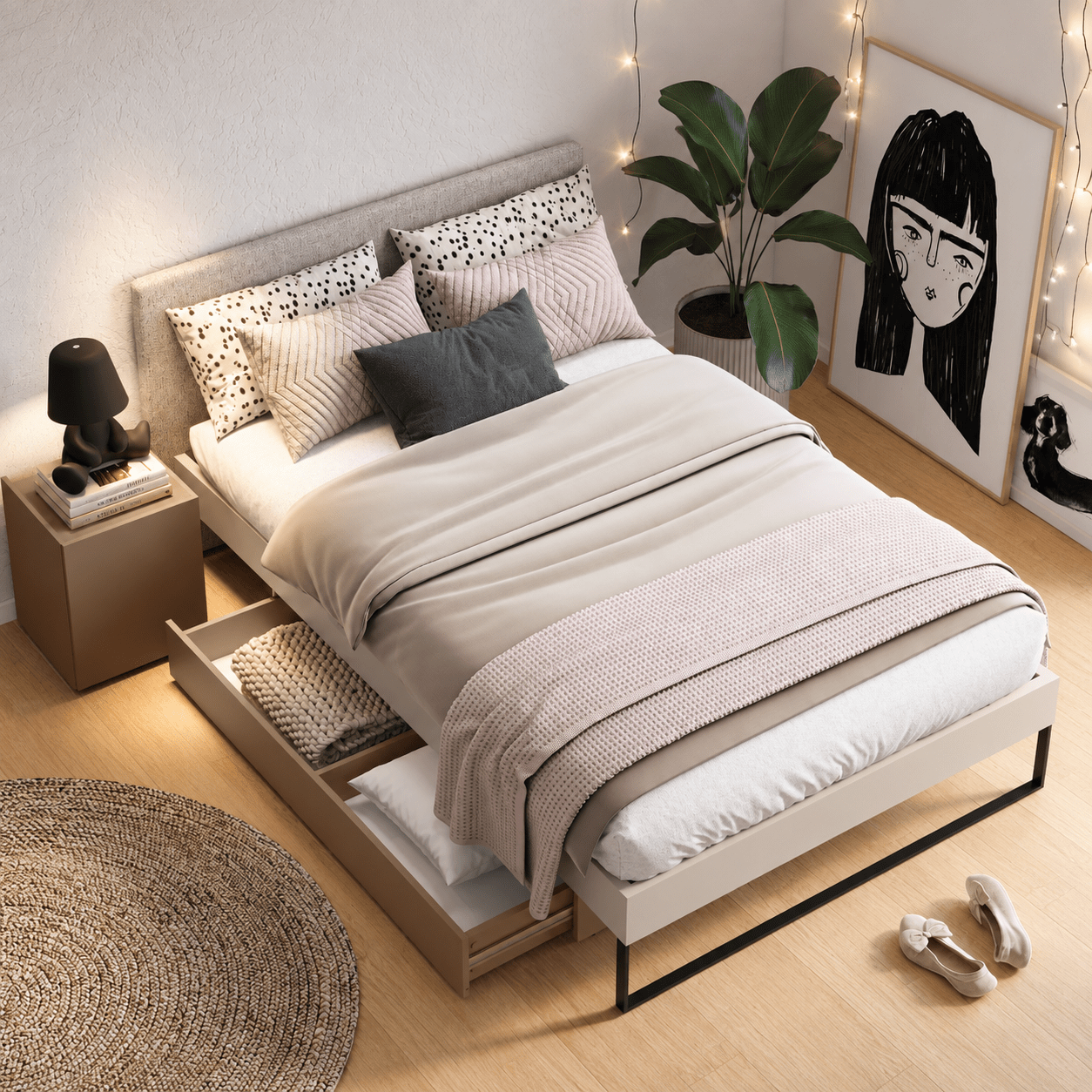 lenart sigma bed met zacht gepolsterd hoofdbord kasjmier eik