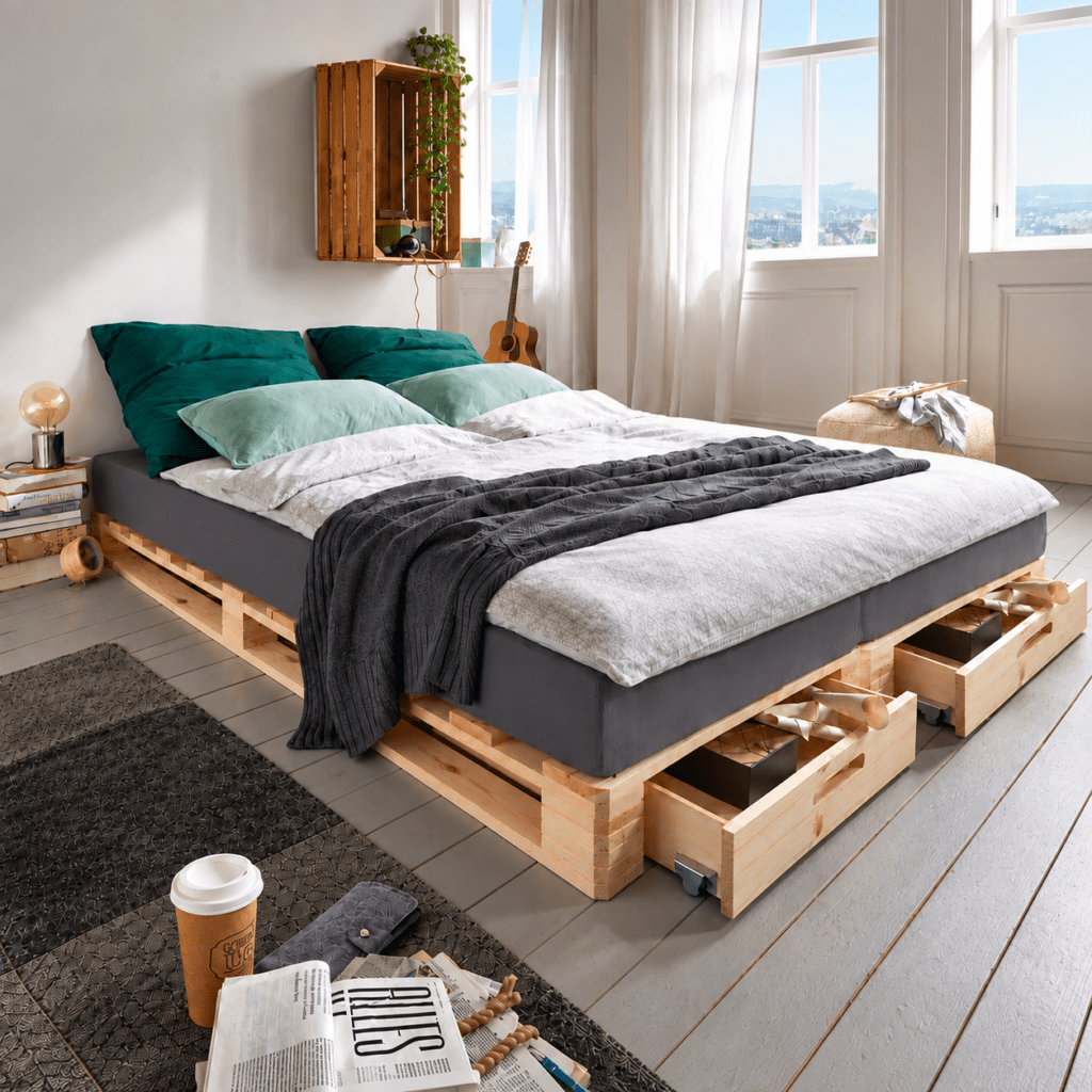 infanskids palletbed naturel 180x200 cm sfeerfoto sfeervolle slaapkamer met lades