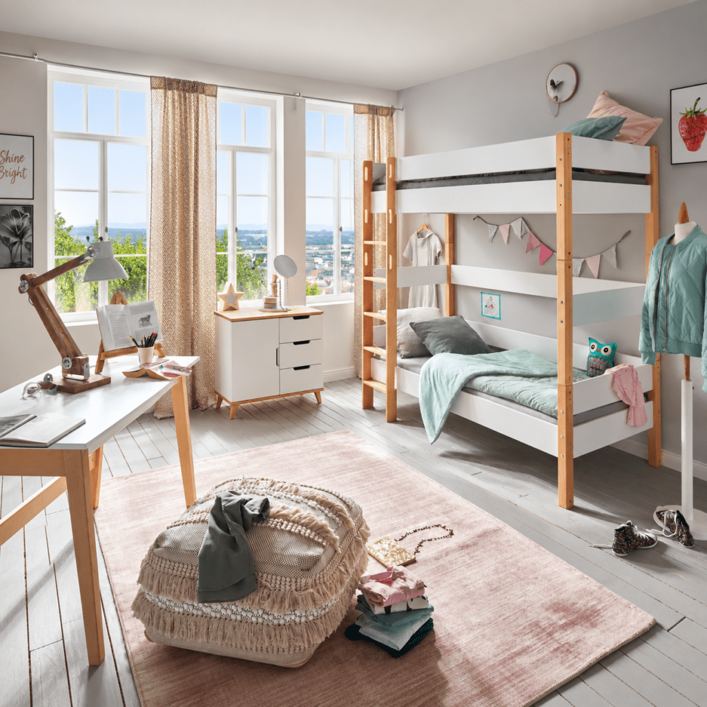 infanscolor stapelbed wit beuken vooraanzicht met ladder
