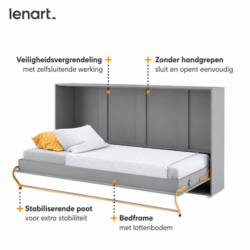 Lenart CONCEPT PRO horizontaal opklapbed 90x200 grijs veiligheidsmechanisme en metalen handgreep