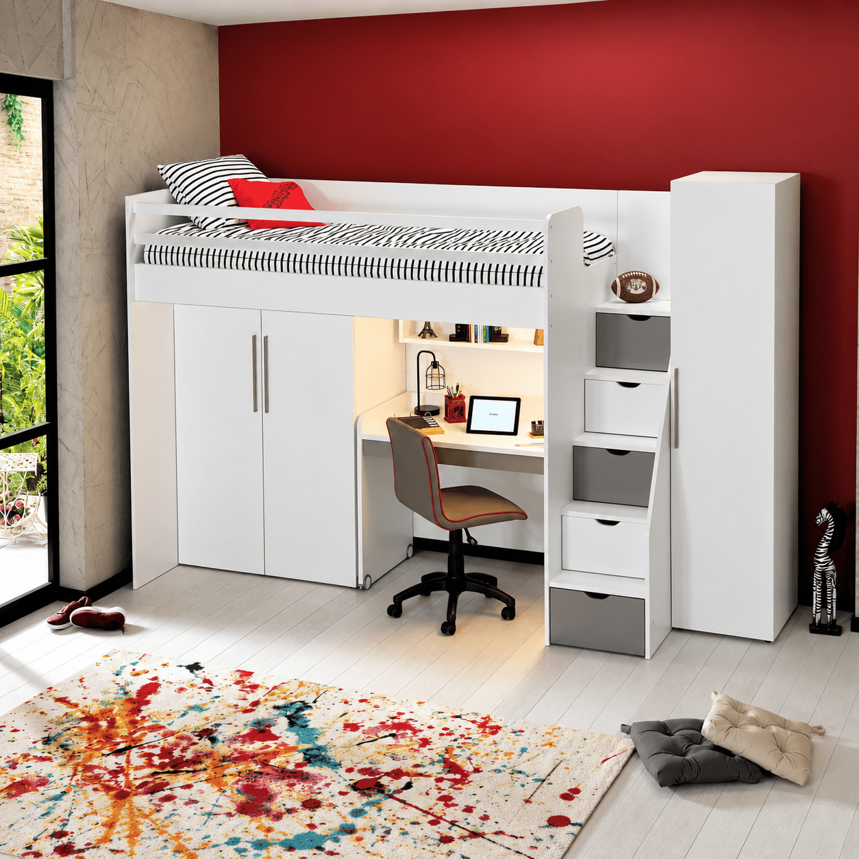 almila neo hoogslaper bureau 1 deurskast 2 deurskast wit grijs 90x200 cm