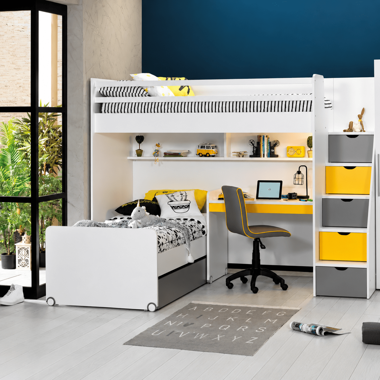 almila neo hoekstapelbed met bureau wit geel 257 cm