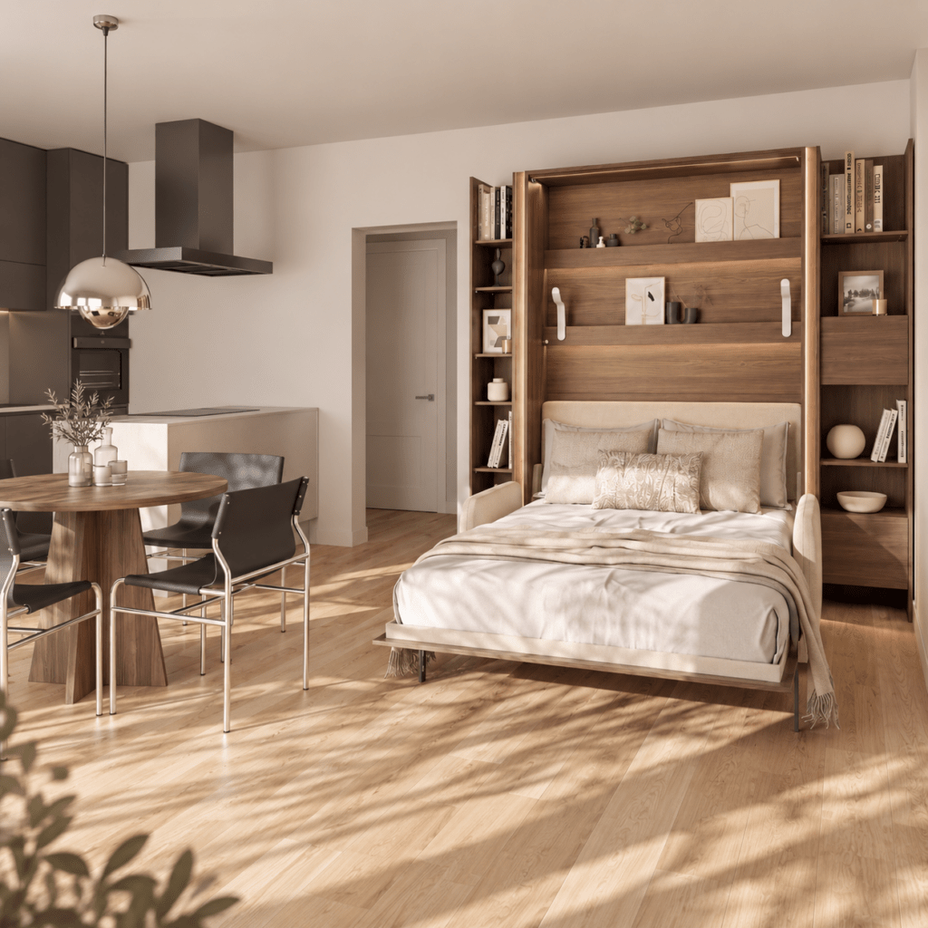 volledig uitgeklapt lenart bed concept verticaal elektrisch opklapbed 140x200 kastanjebruin met lattenbodem