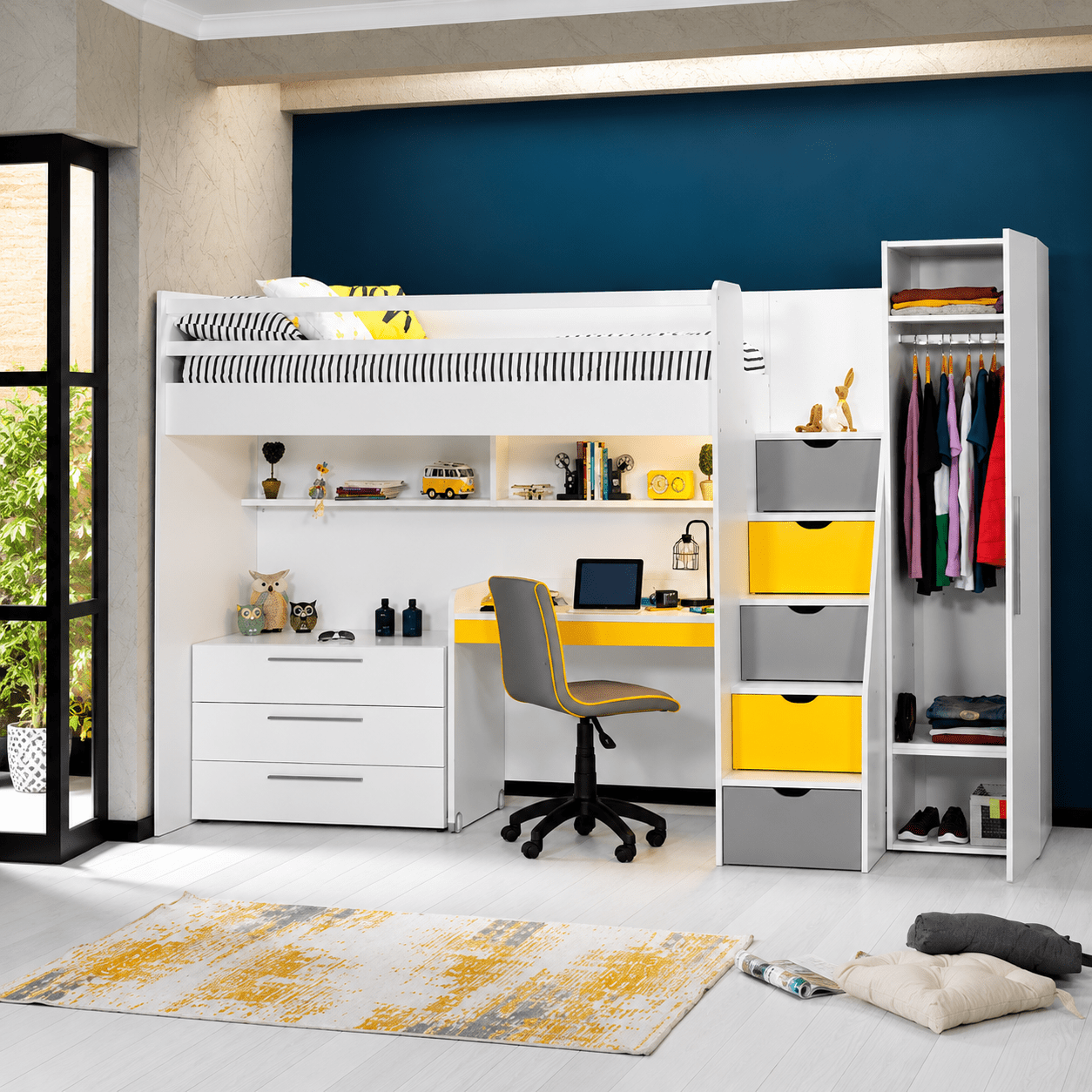 almila neo complete kinderkamer set hoogslaper wit geel 257 cm