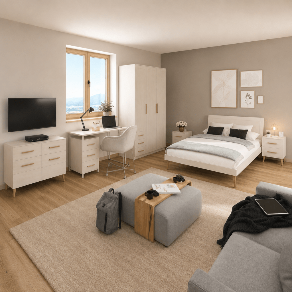 Rauch Skandi complete tienerkamer set champagne met twijfelaar bed 120x200 en 3-deurs kast