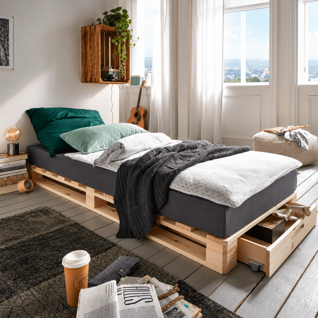 Pallet 1-persoonsbed 90x200 cm massief grenenhout naturel met opberglade