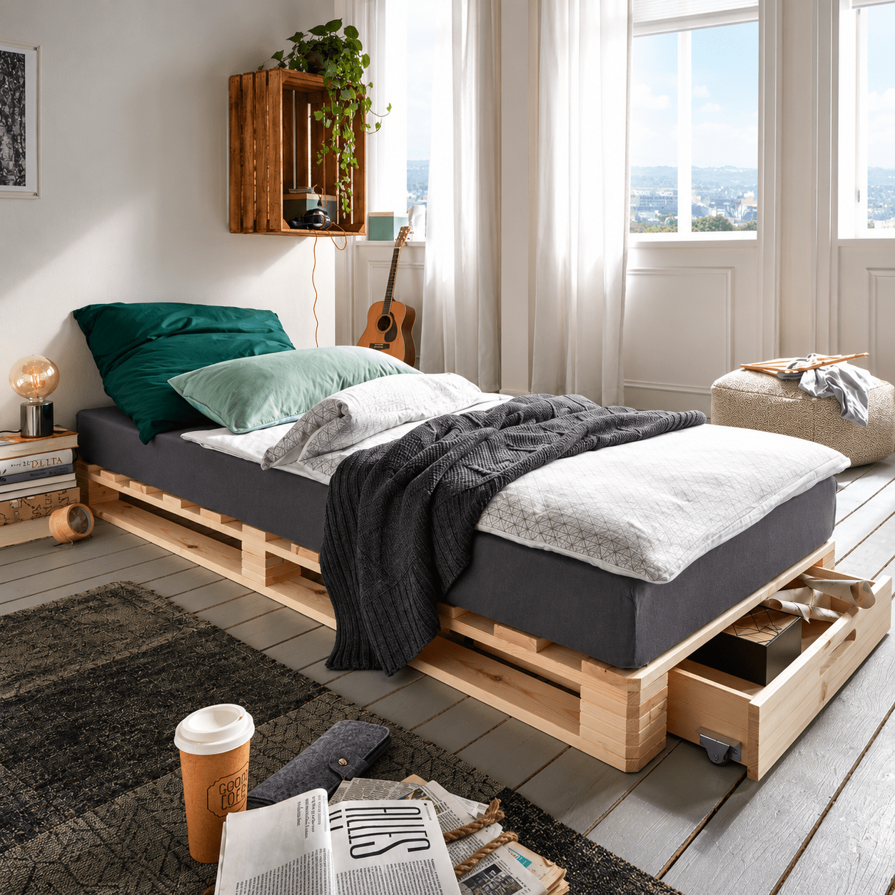Pallet 1-persoonsbed 90x200 cm massief grenenhout naturel met opberglade