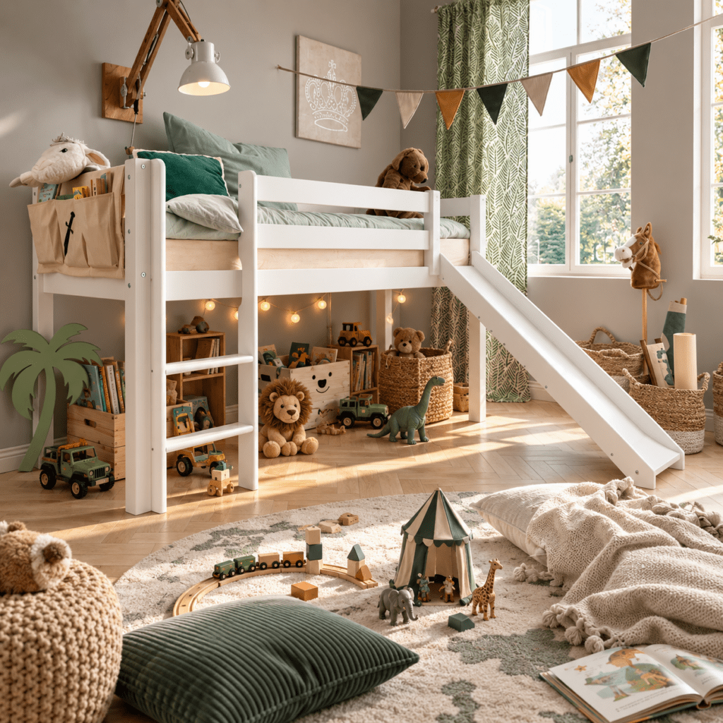 infanskids pino halfhoogslaper met glijbaan wit in speelse kinderslaapkamer