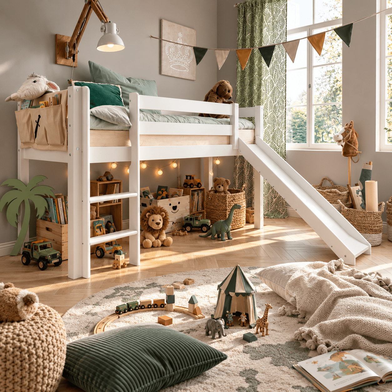 infanskids pino halfhoogslaper met glijbaan wit in speelse kinderslaapkamer