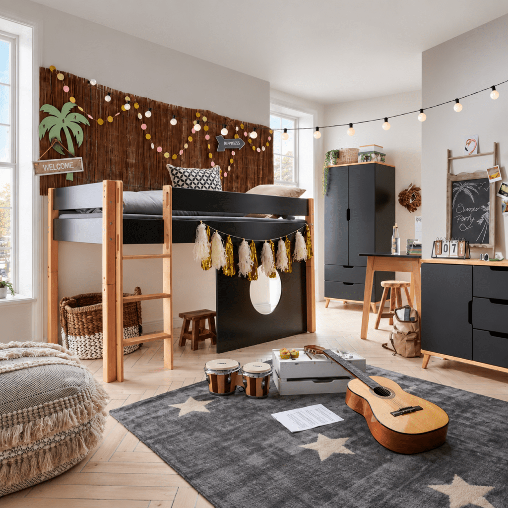 Ingerichte kinderslaapkamer met infanscolor halfhoogslaper complete kinderkamer set antraciet beuken