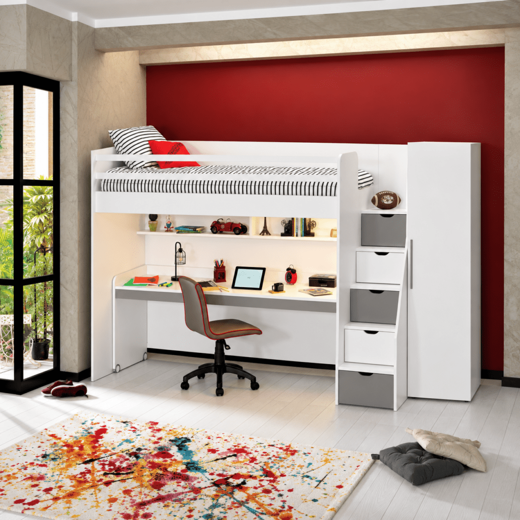 almila neo complete kinderkamer set hoogslaper groot bureau 1 deurskast wit grijs