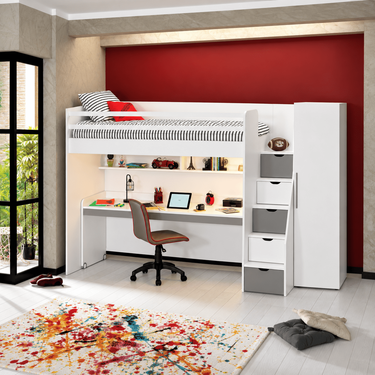 almila neo complete kinderkamer set hoogslaper groot bureau 1 deurskast wit grijs