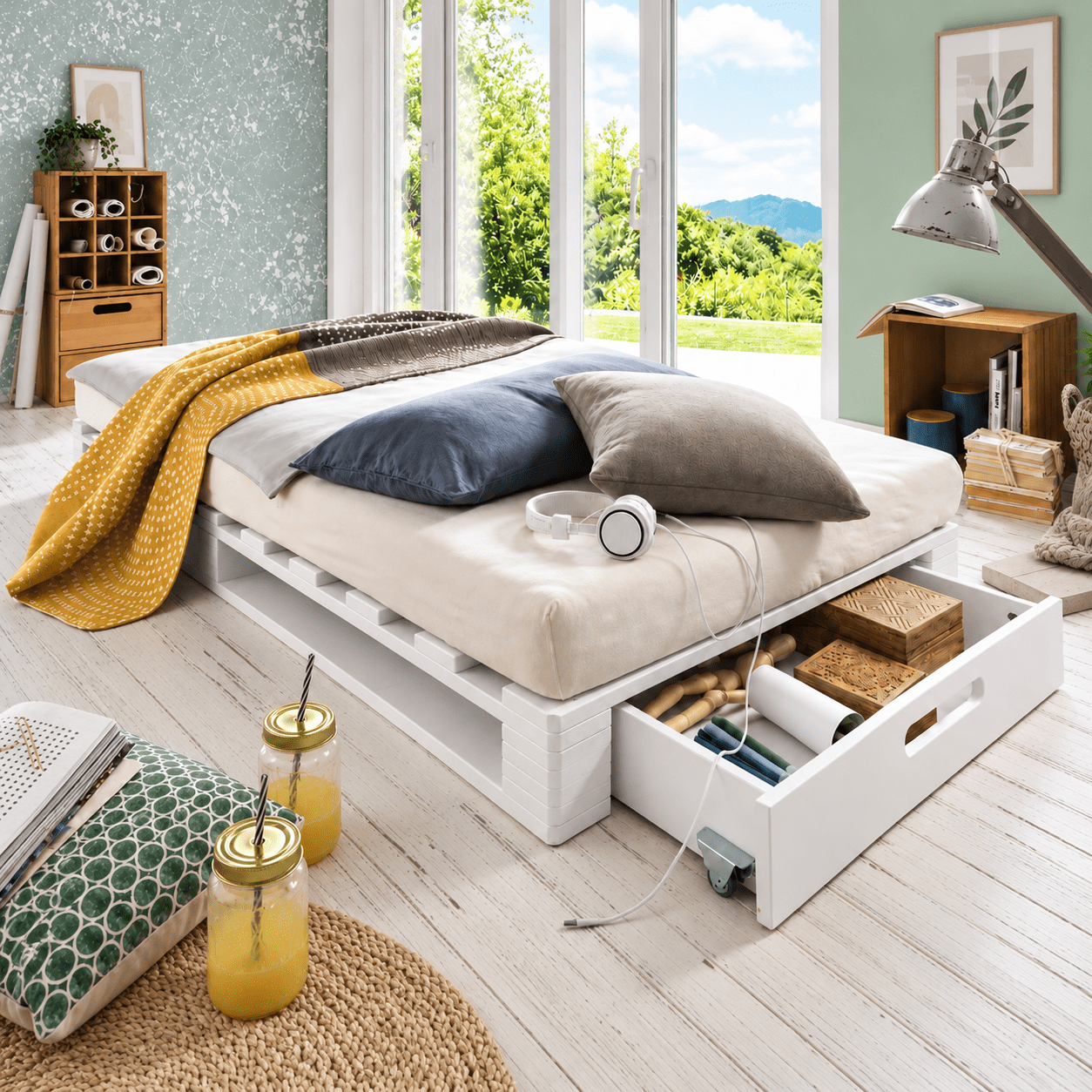 Pallet 1-persoonsbed wit 90x200 cm massief grenenhout met opberglade