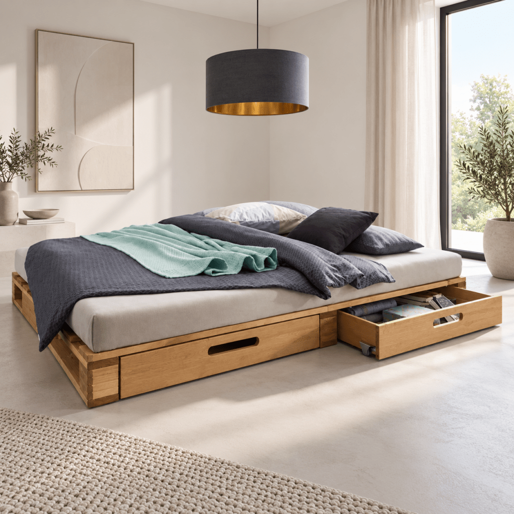 Stoer 2-persoons pallet bed 140x200 cm in ingerichte slaapkamer