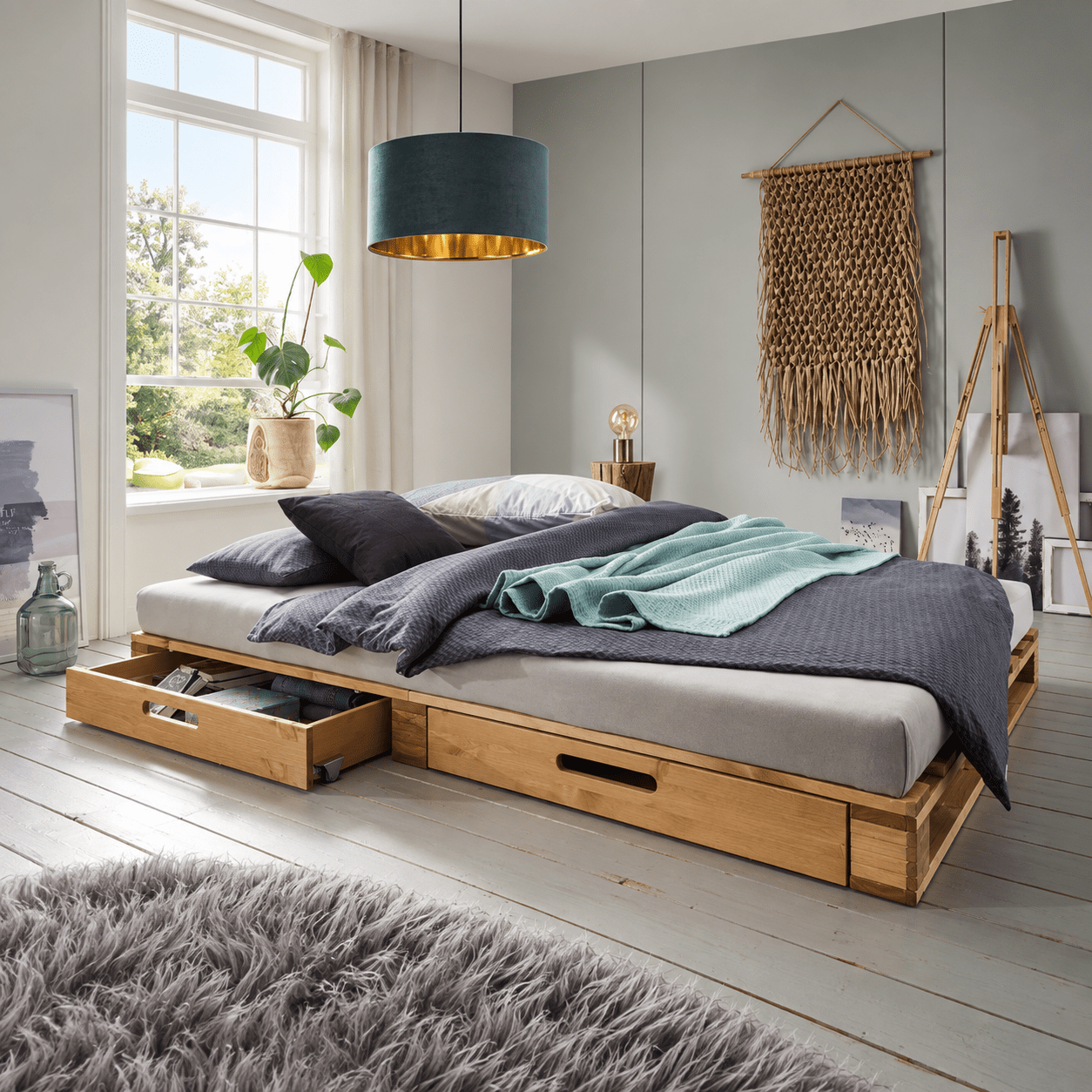 Pallet 2-persoonsbed 140x200 cm massief grenenhout naturel met 2 opberglades