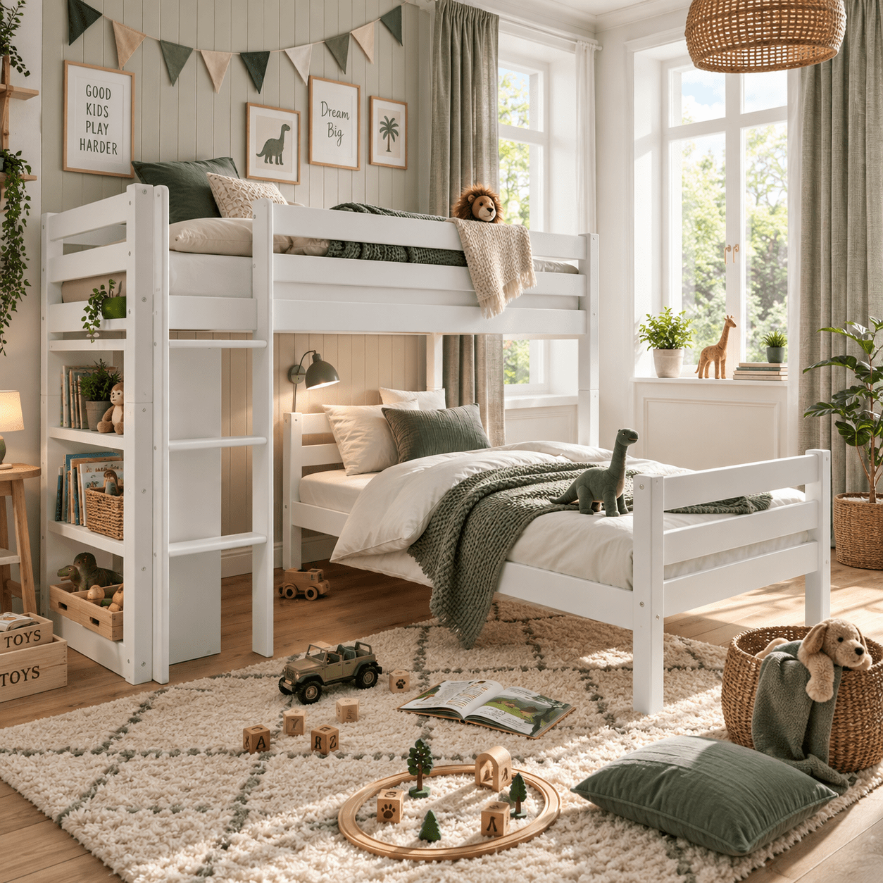 infanskids pino hoekstapelbed wit van massief beukenhout in kinderkamer