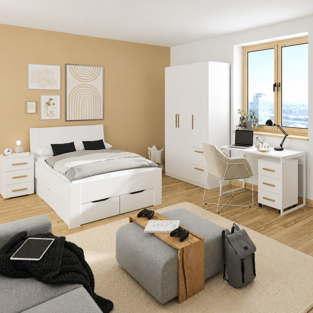 Rauch Quadra-Spin complete kinderkamer set champagne met bed kledingkast en bureau
