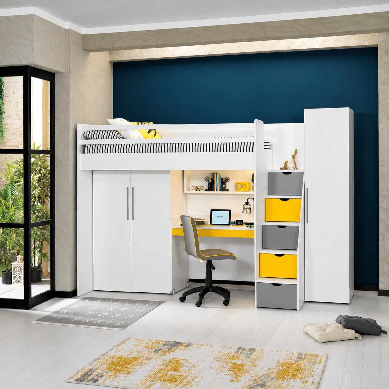 almila neo complete kinderkamer set hoogslaper bureau 2 kledingkasten wit geel