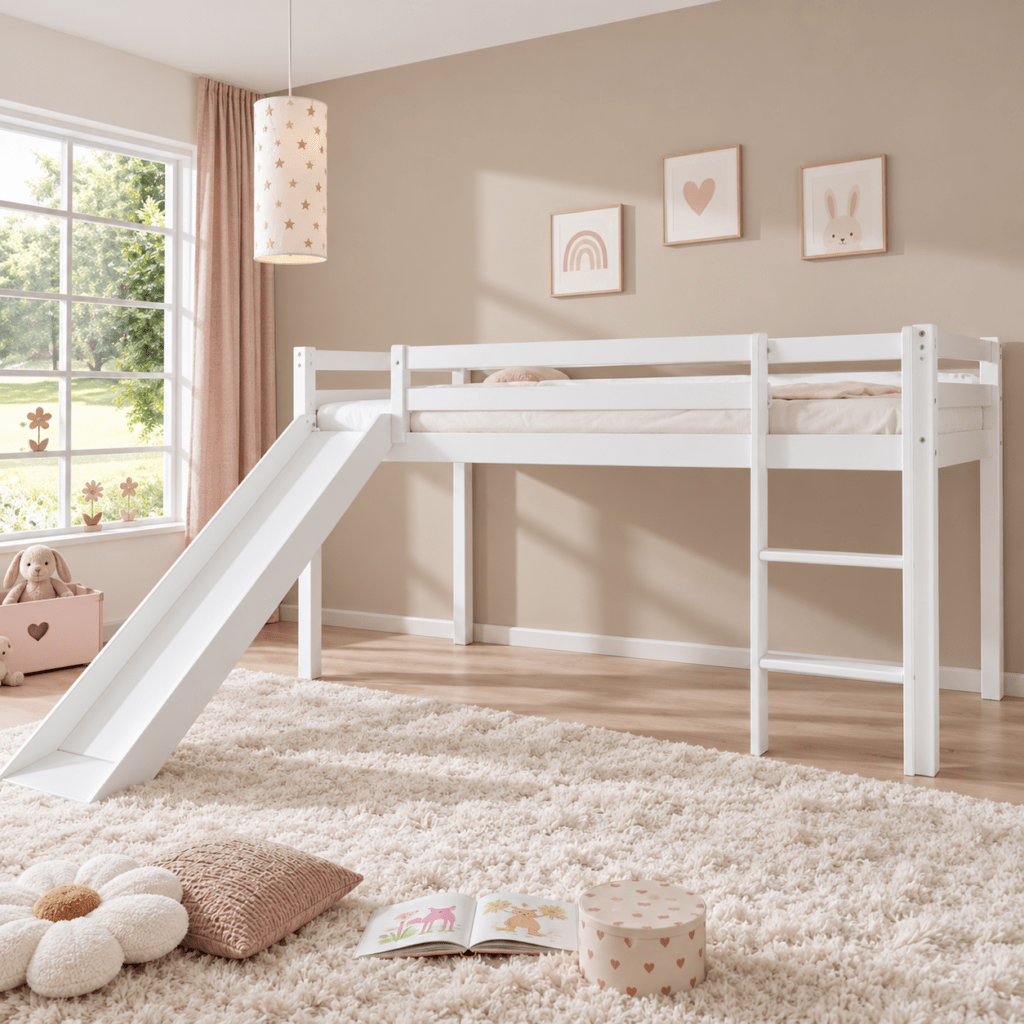 vaste rechte ladder infanskids pino halfhoogslaper met glijbaan wit links of rechts te monteren